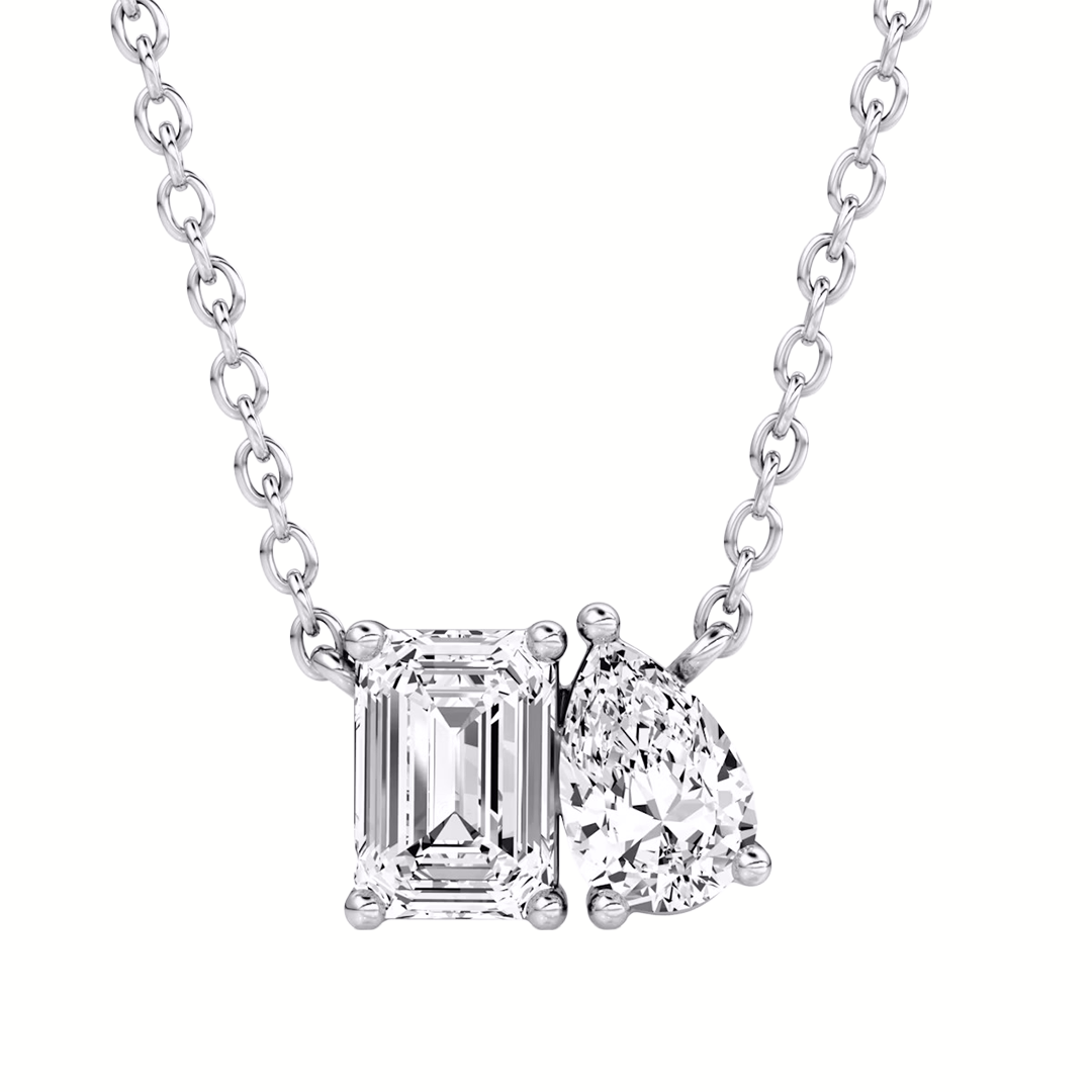 Toi et Moi Emerald and Pear Cut Diamond Necklace in Gold