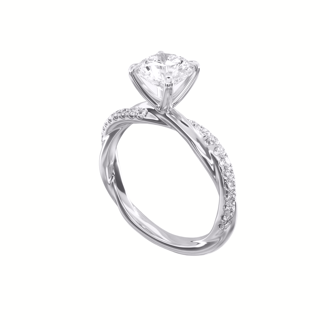 Round Solitaire Pave Diamond Twist Band Ring in Gold