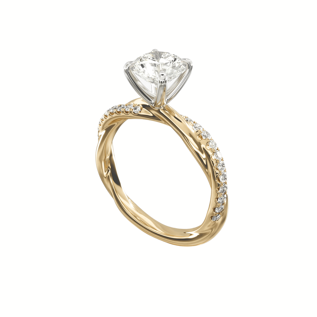 Round Solitaire Pave Diamond Twist Band Ring in Gold