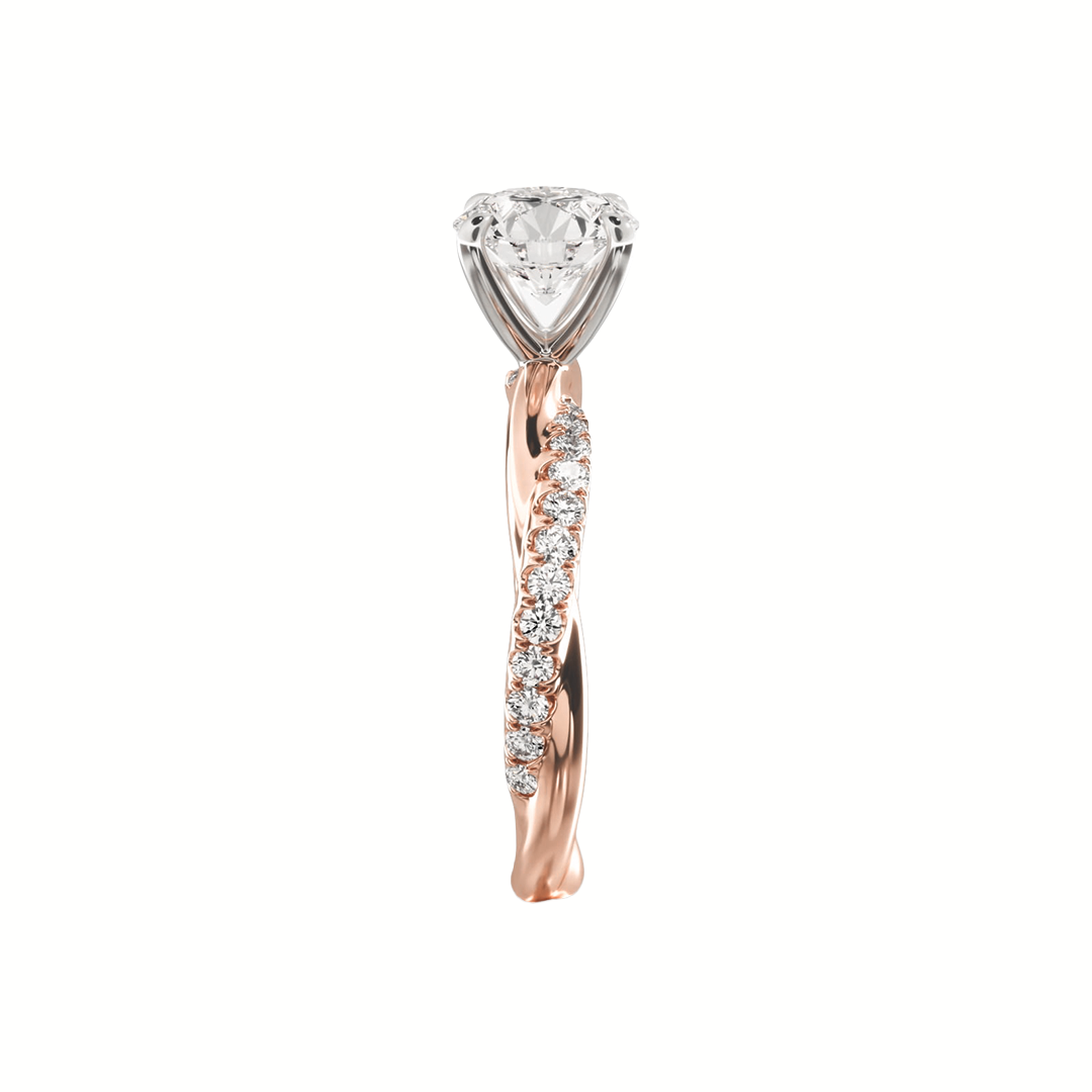 Round Solitaire Pave Diamond Twist Band Ring in Gold