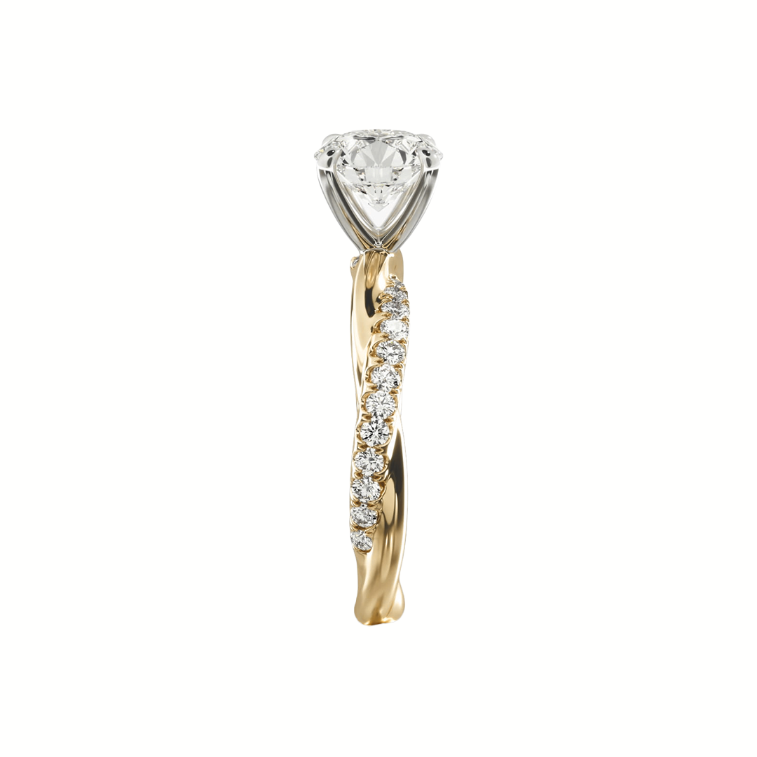 Round Solitaire Pave Diamond Twist Band Ring in Gold