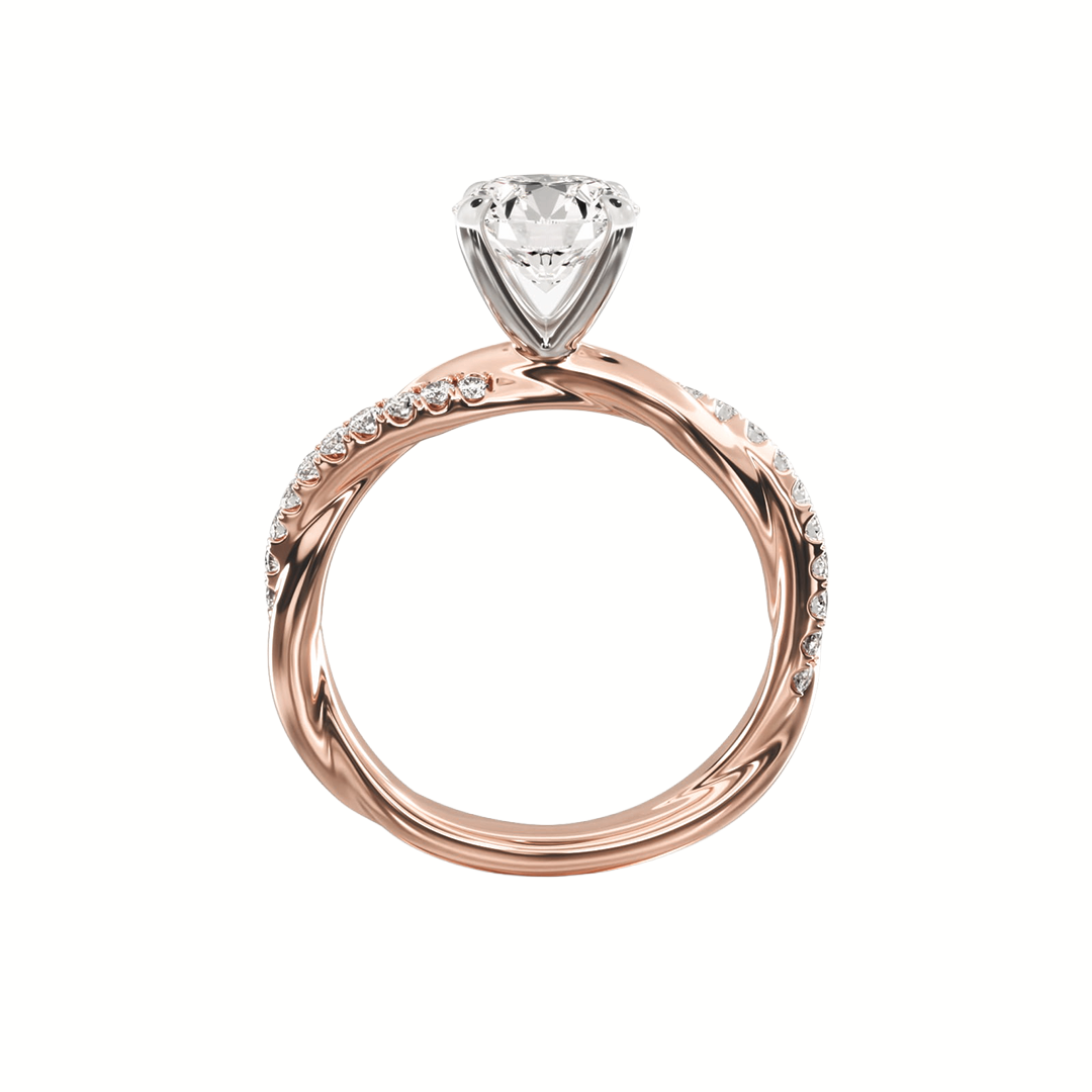 Round Solitaire Pave Diamond Twist Band Ring in Gold