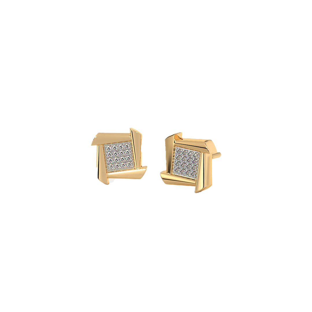 Swirling Square Pave Diamond Stud Earrings in Gold