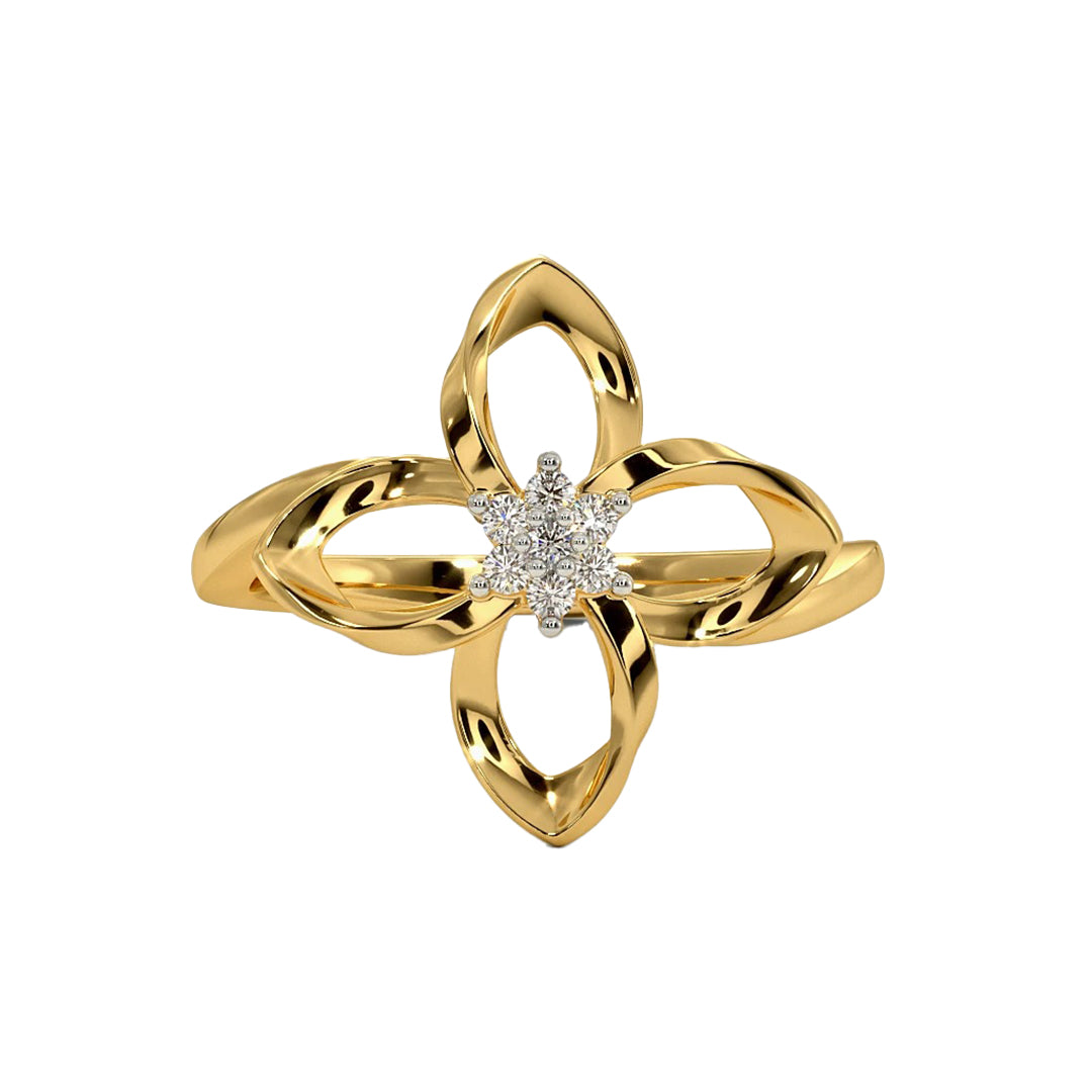 Twisted Gold Diamond Flower Motif Statement Ring in Gold