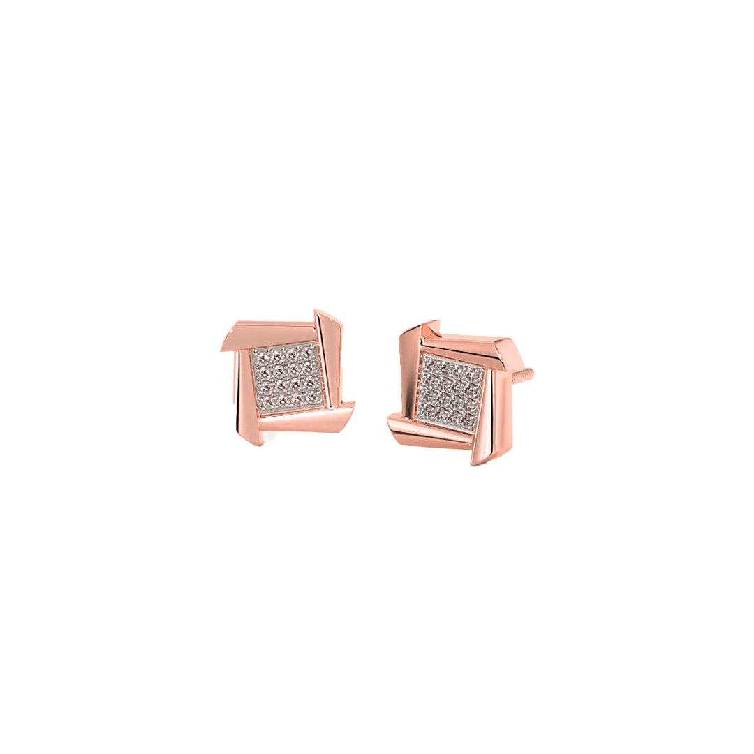 Swirling Square Pave Diamond Stud Earrings in Gold