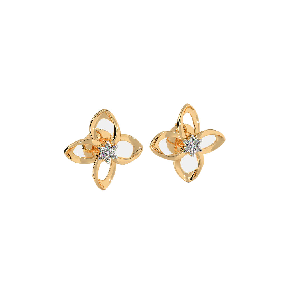 Twisted Gold Diamond Flower Motif Earrings in Gold