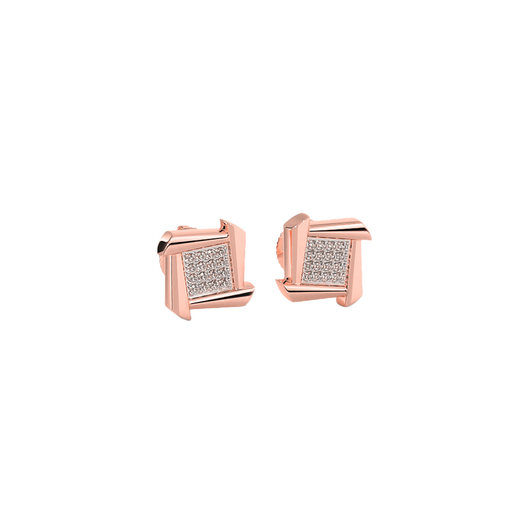 Swirling Square Pave Diamond Stud Earrings in Gold