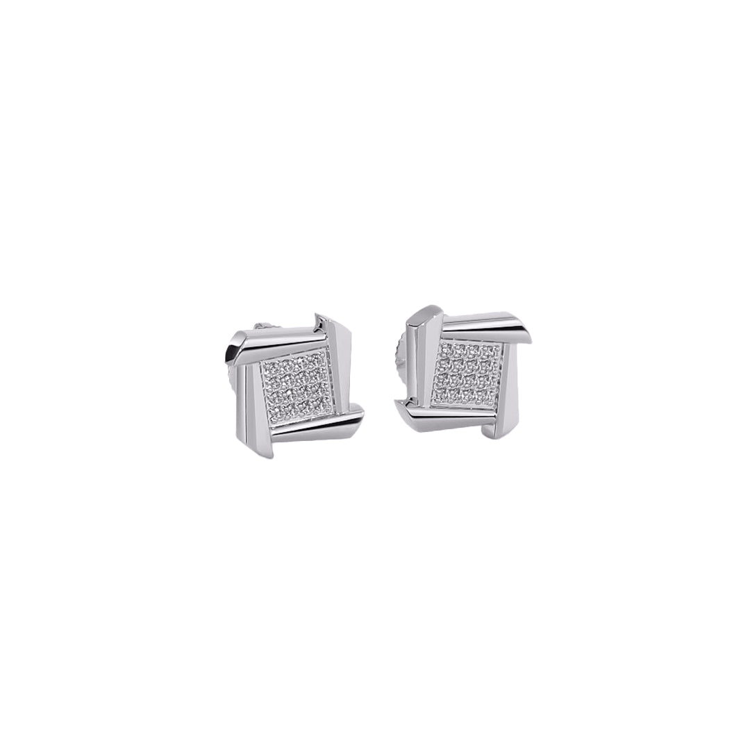 Swirling Square Pave Diamond Stud Earrings in Gold