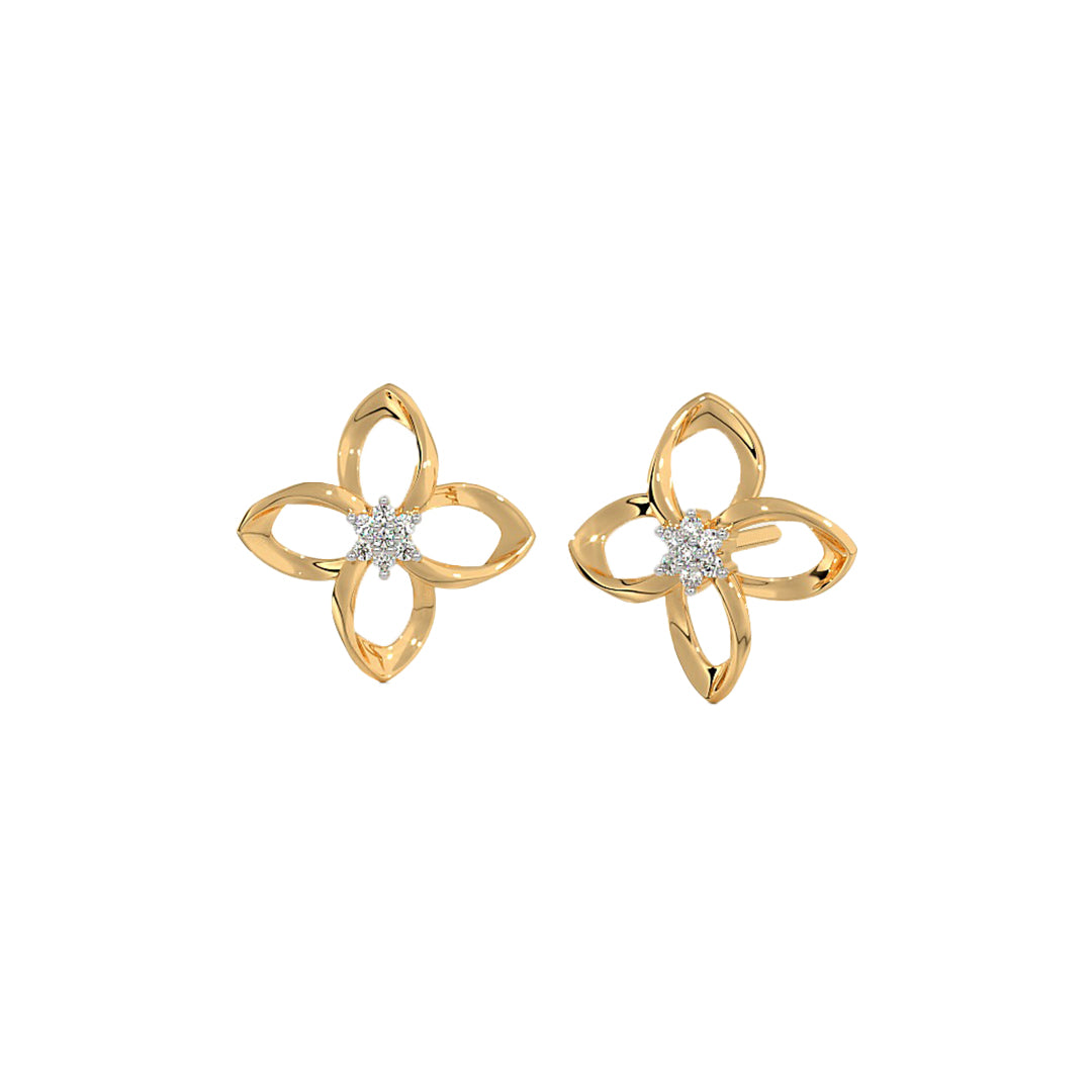 Twisted Gold Diamond Flower Motif Earrings in Gold