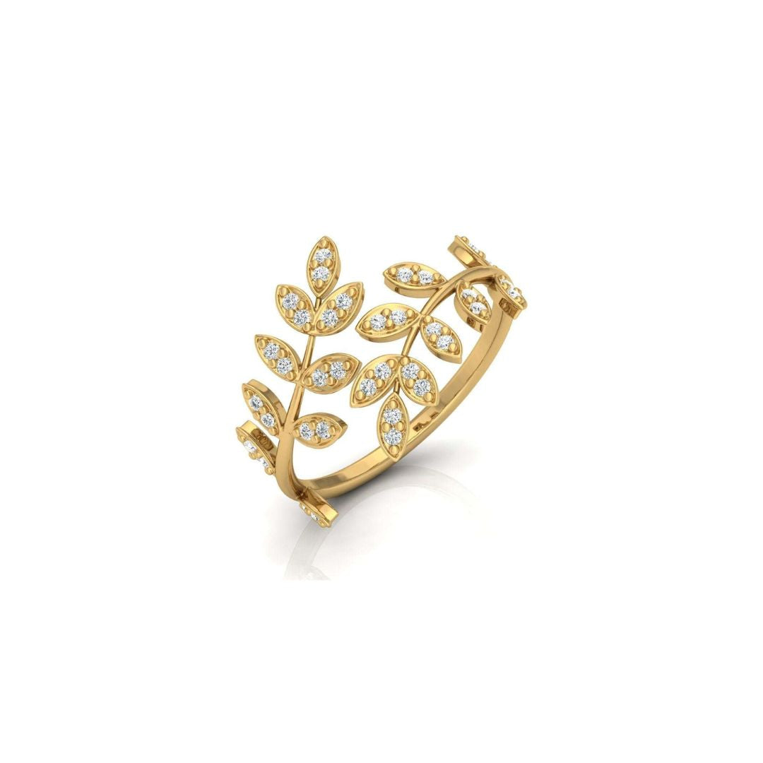 Round-Cut Diamond Leaf Vine Band Ring in Gold