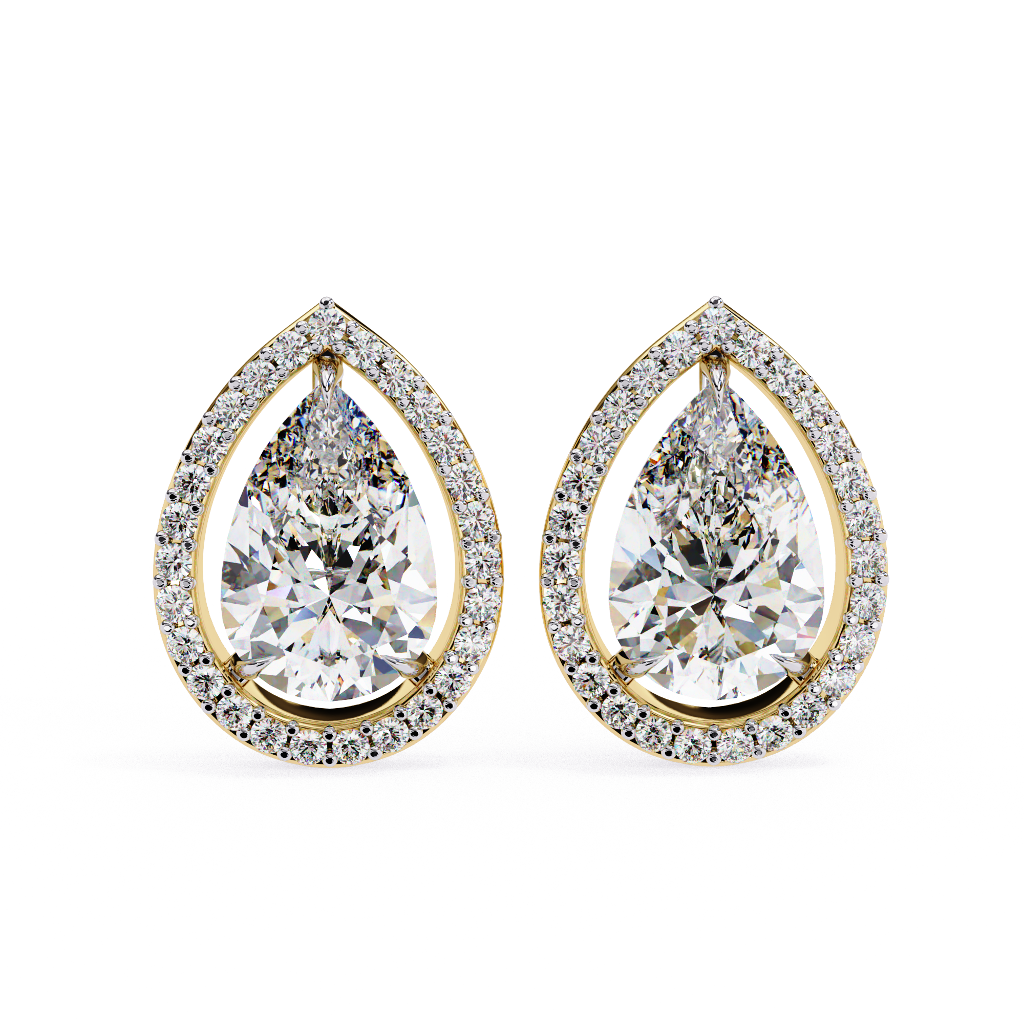 Elegant Pear-Shaped Diamond Halo Stud Earrings in Gold