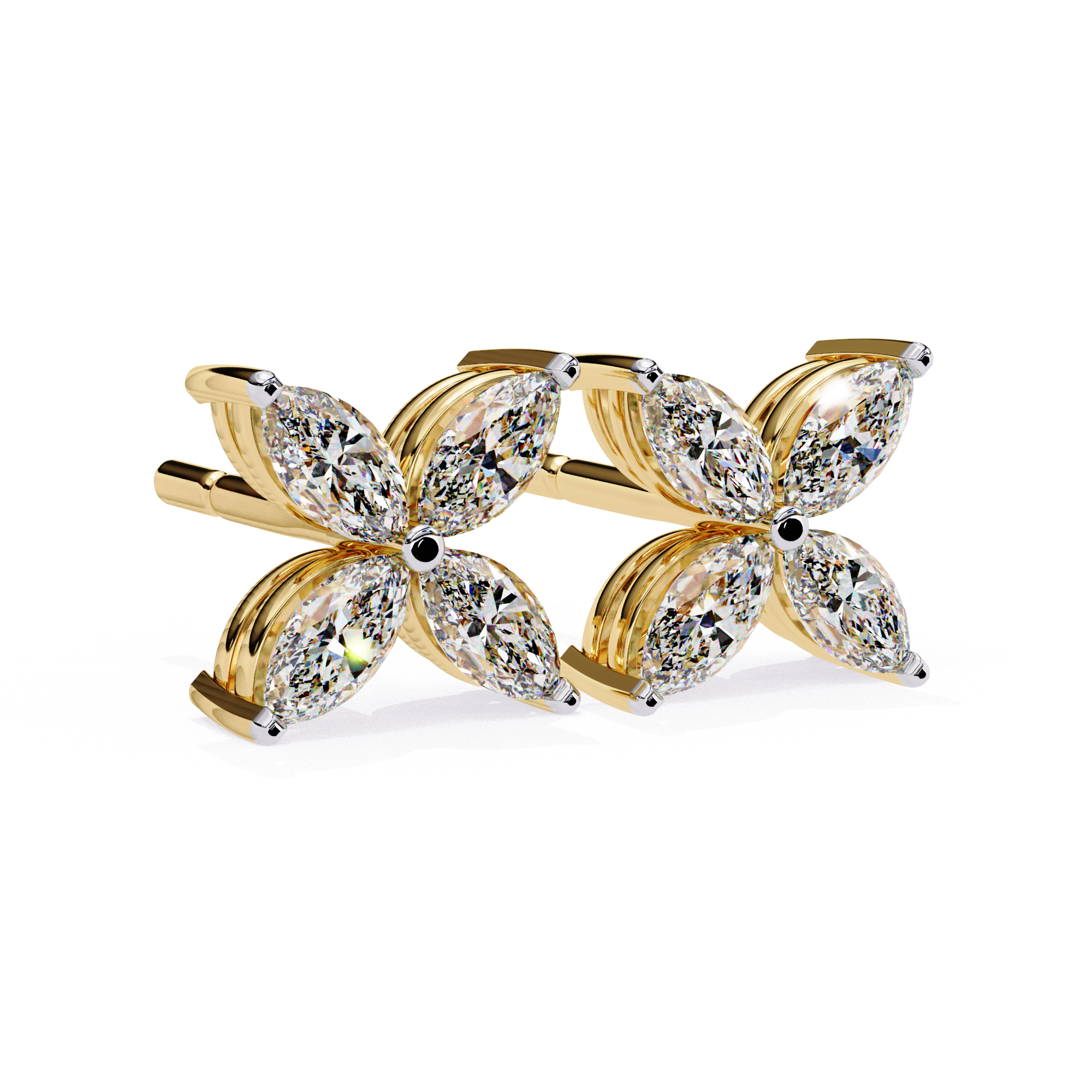 Exquisite Gold Marquise-Cut Diamond Floral Stud Earrings