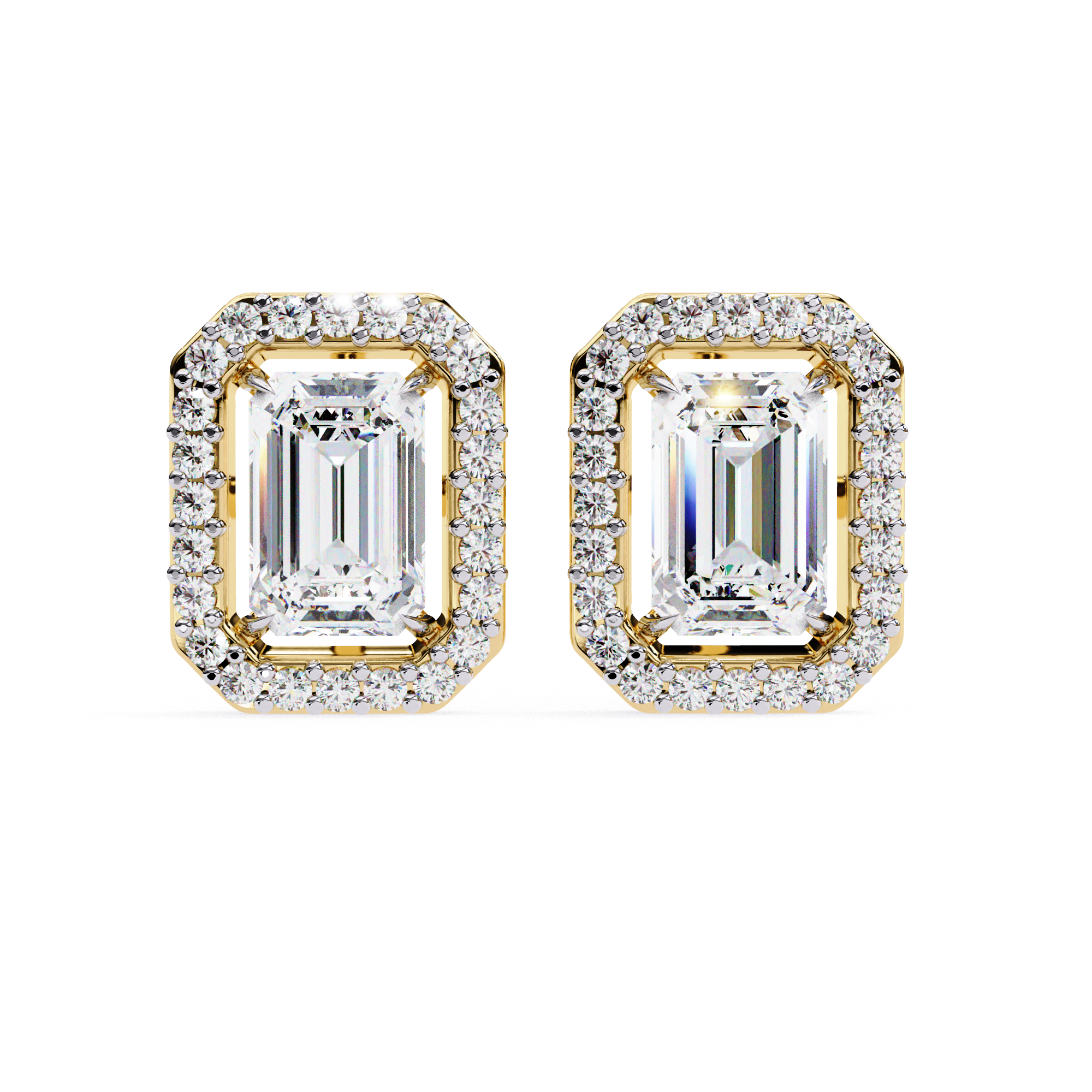 Emerald Cut Halo Diamond Stud Earrings in Gold