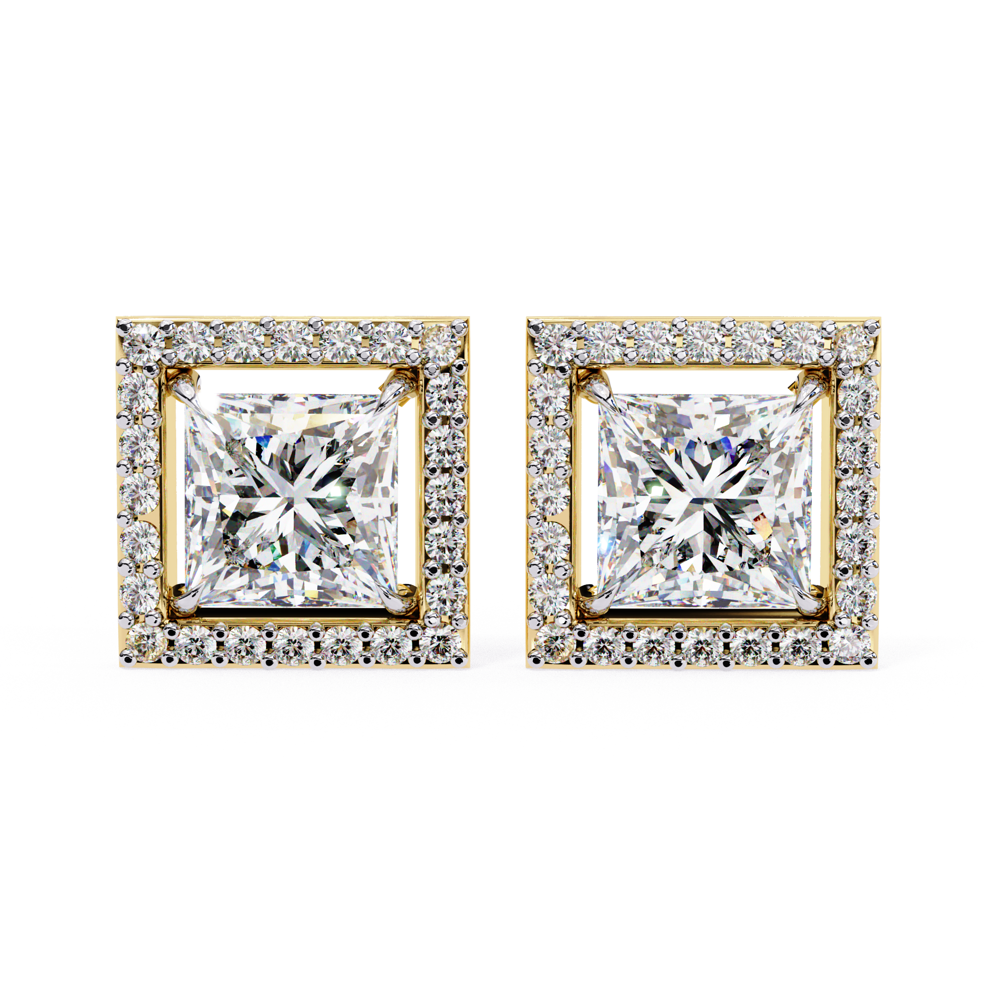 Square Princess-Cut Diamond Halo Stud Earrings in Gold