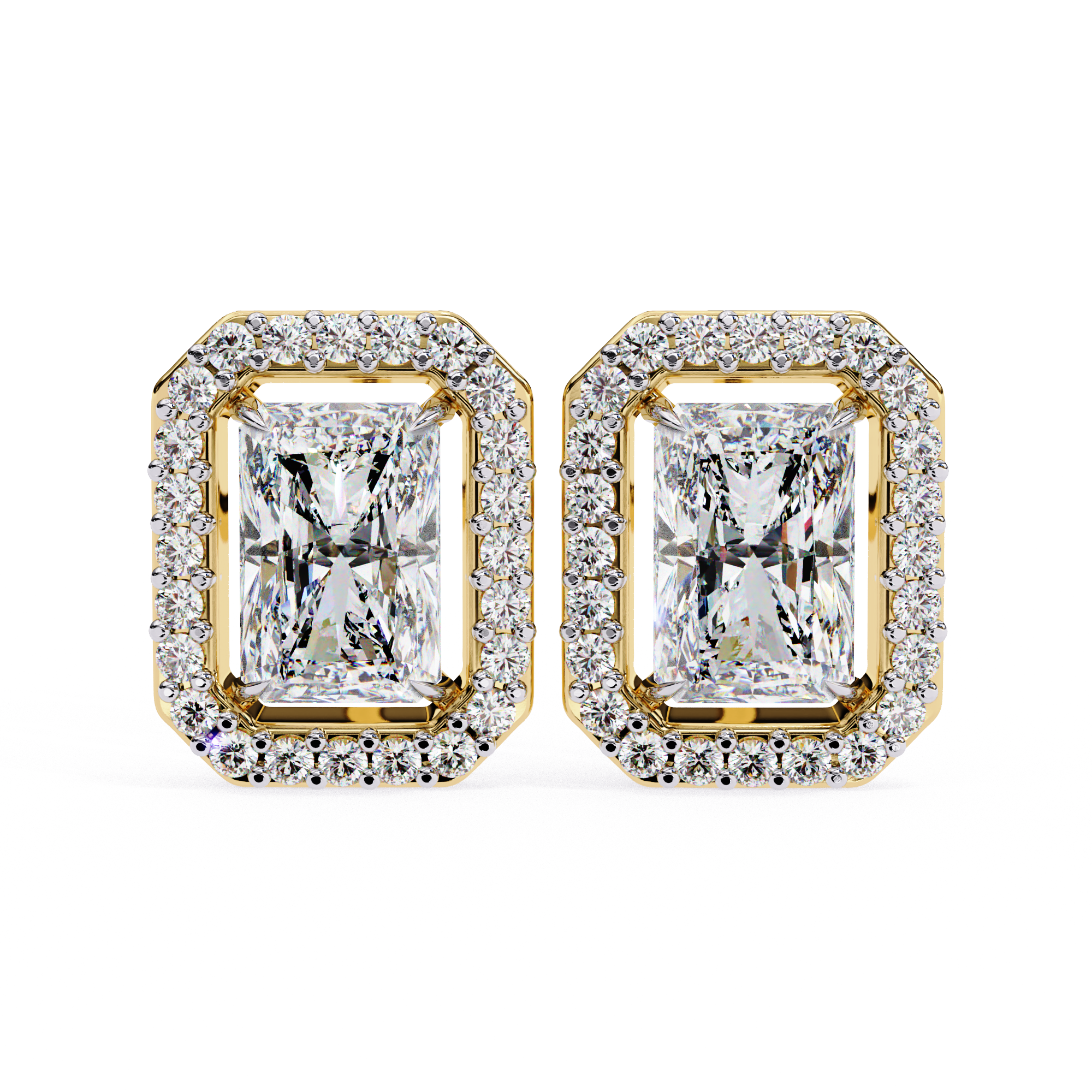 Radiant Cut Halo Diamond Stud Earrings in Gold