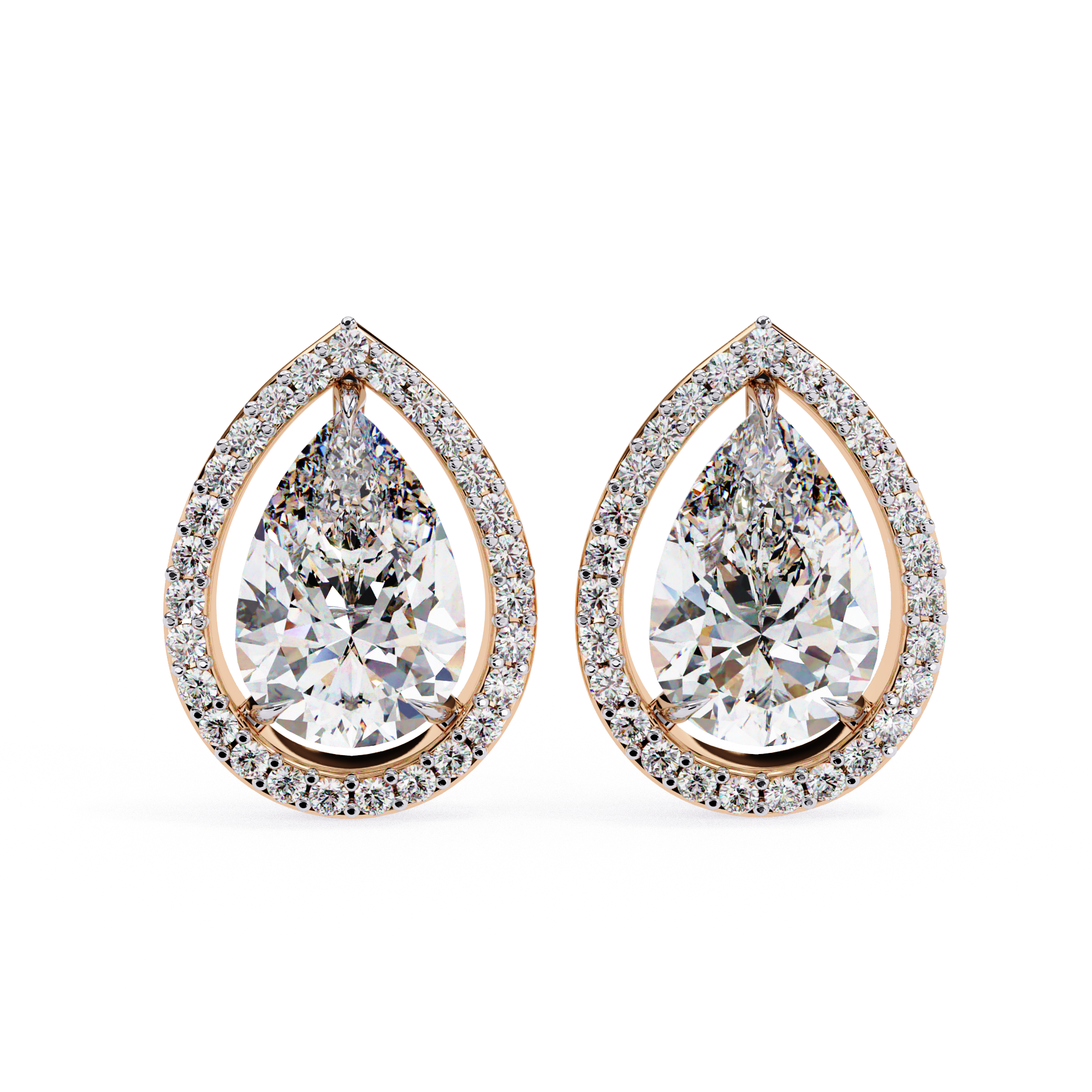 Elegant Pear-Shaped Diamond Halo Stud Earrings in Gold