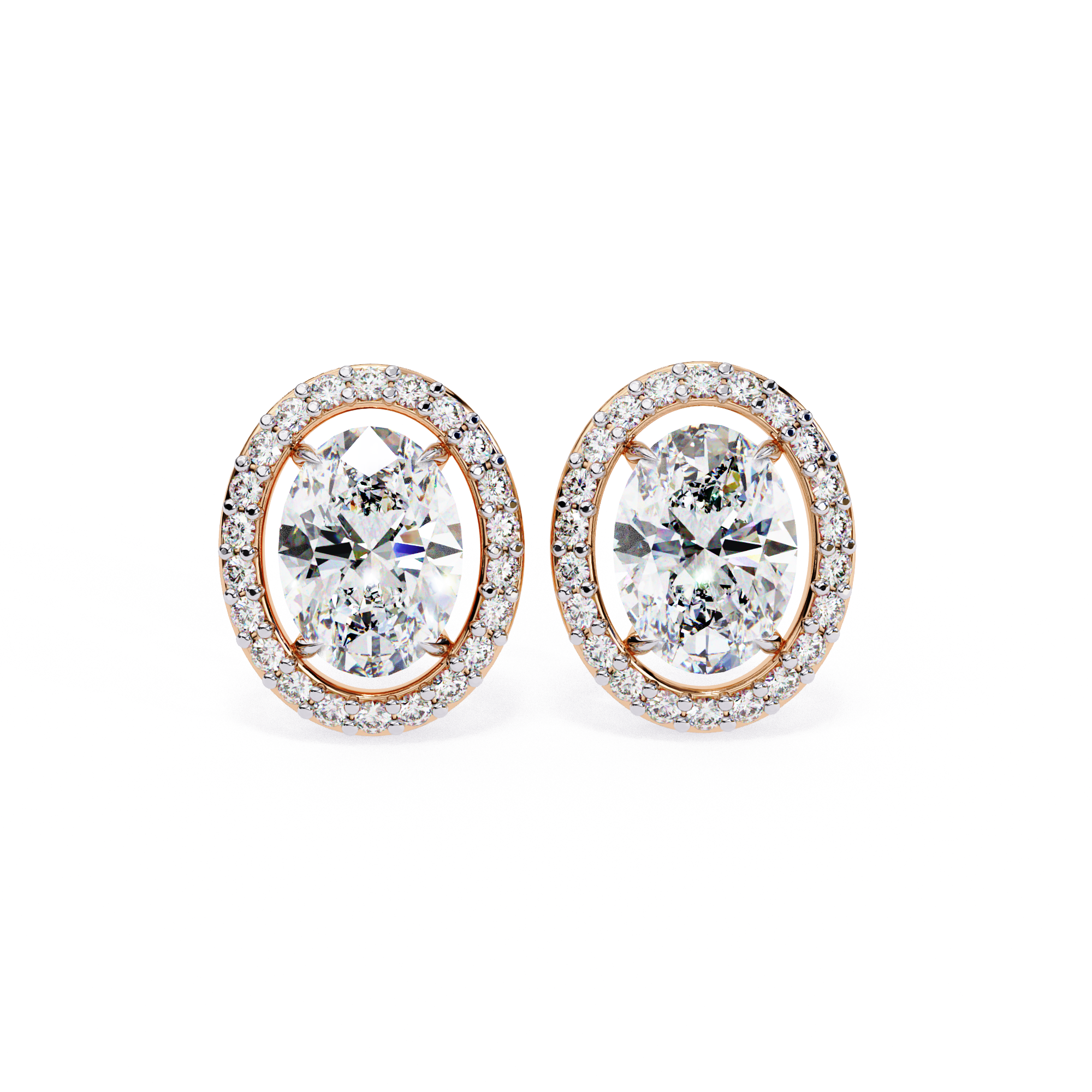 Oval Cut Floating Halo Diamond Stud Earrings in Gold