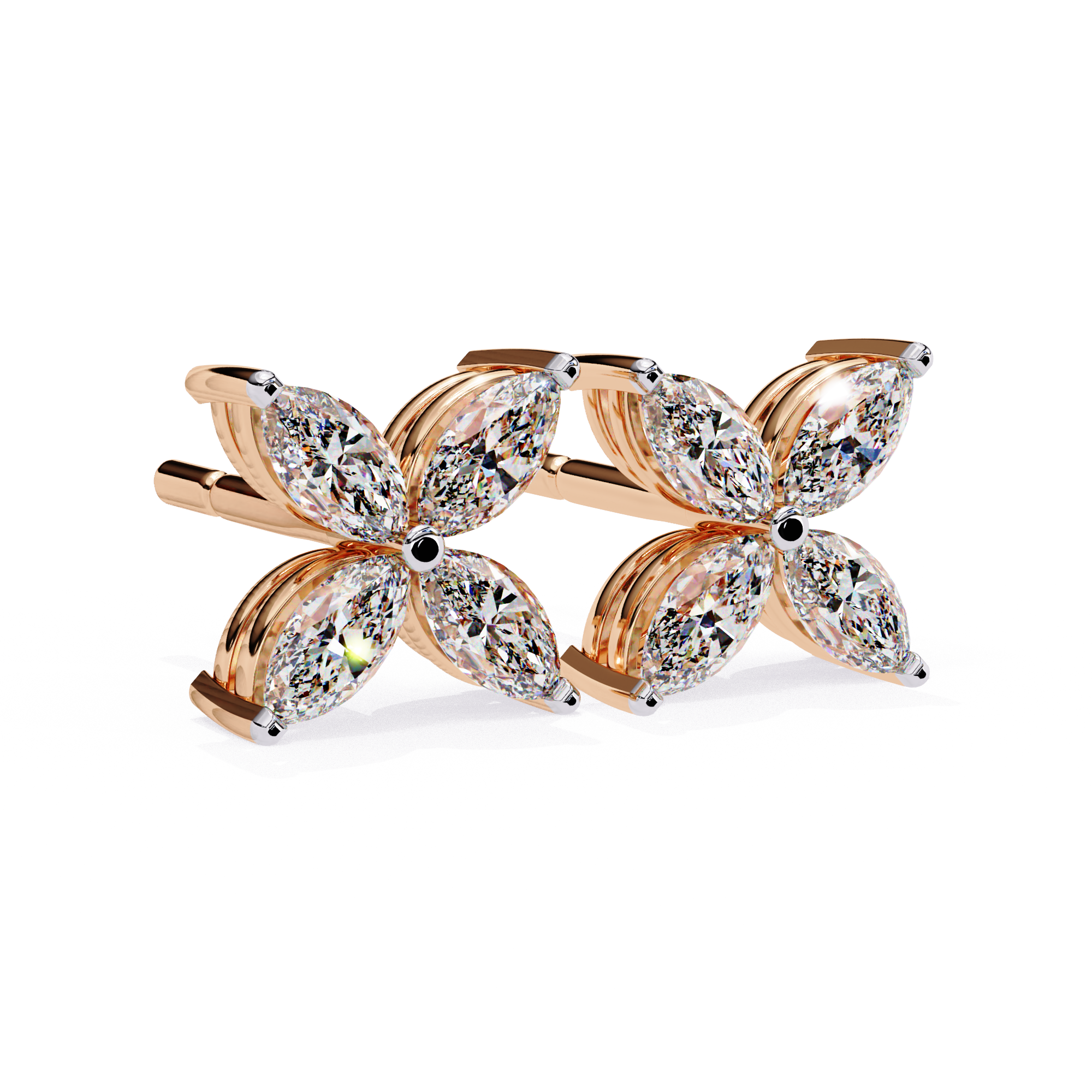 Exquisite Gold Marquise-Cut Diamond Floral Stud Earrings