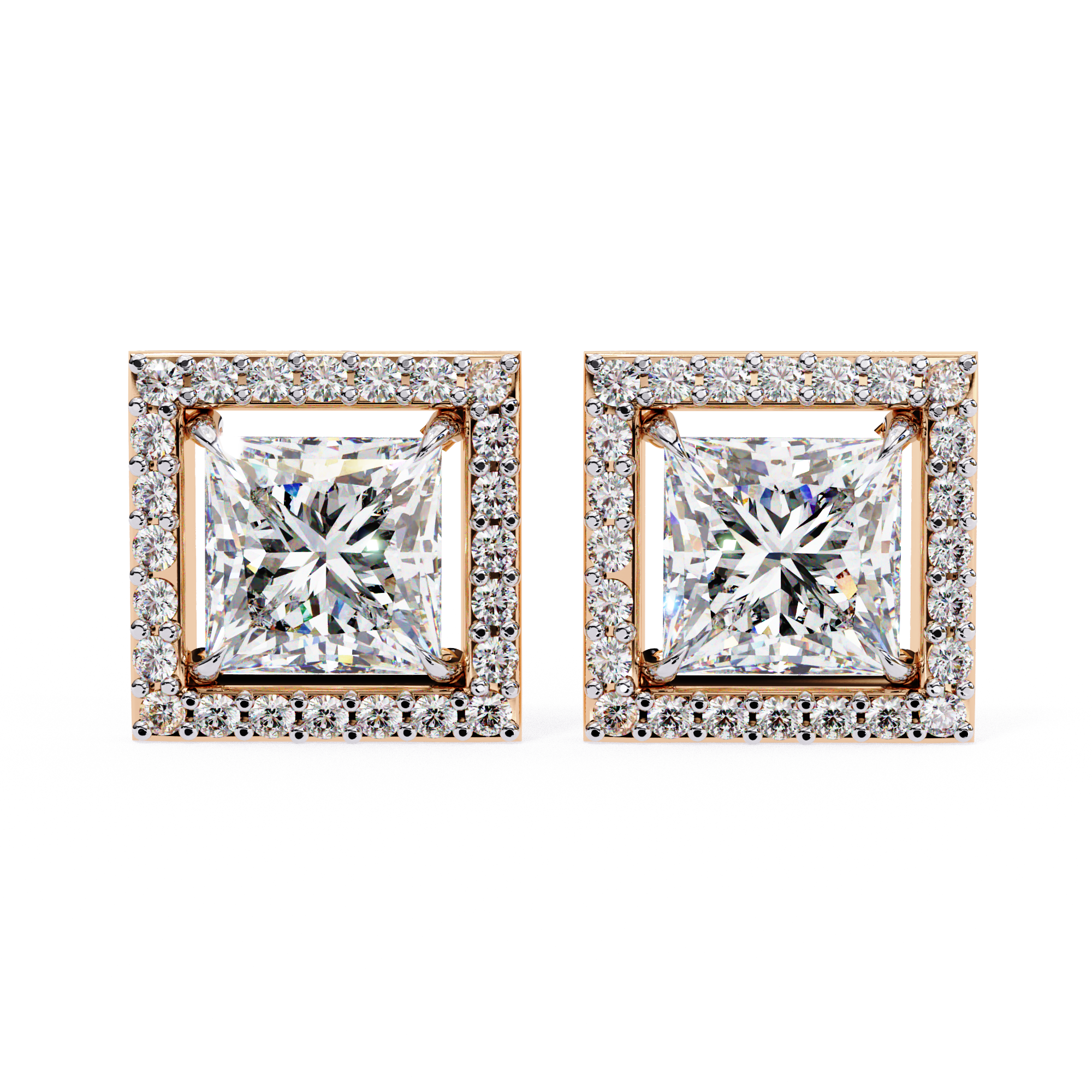 Square Princess-Cut Diamond Halo Stud Earrings in Gold