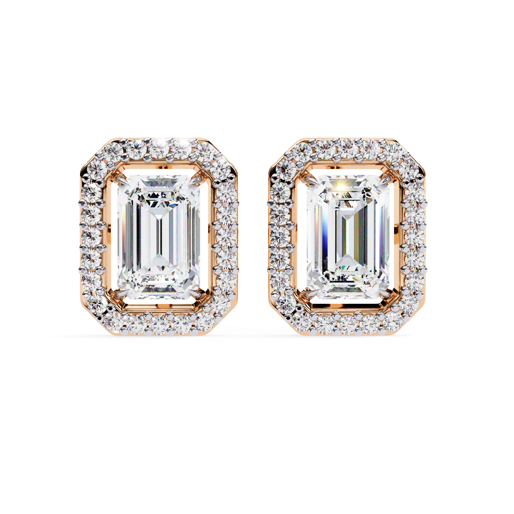 Emerald Cut Halo Diamond Stud Earrings in Gold
