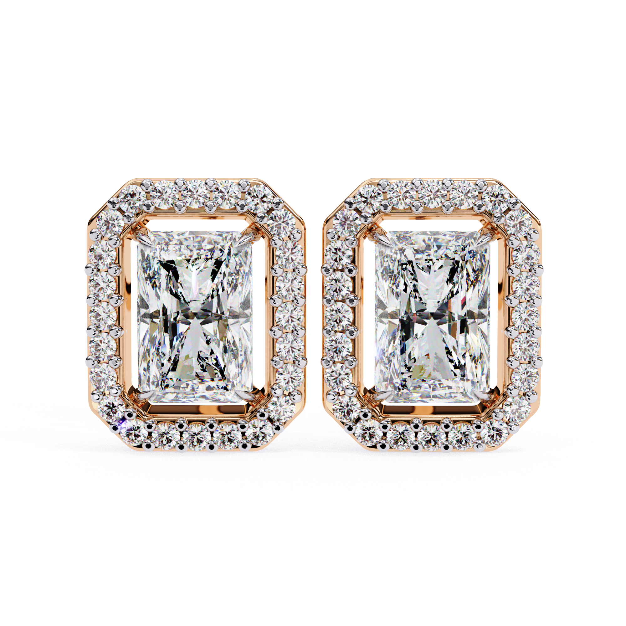 Radiant Cut Halo Diamond Stud Earrings in Gold