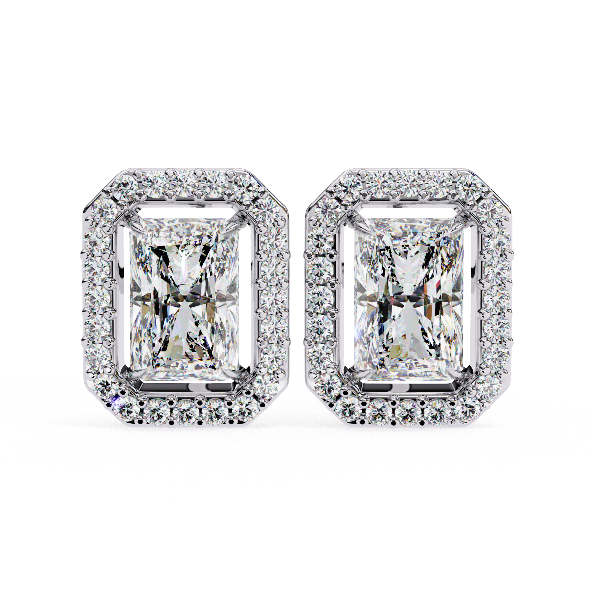 Radiant Cut Halo Diamond Stud Earrings in Gold