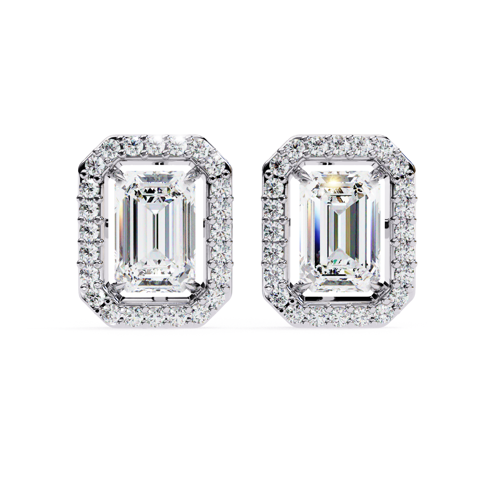 Emerald Cut Halo Diamond Stud Earrings in Gold
