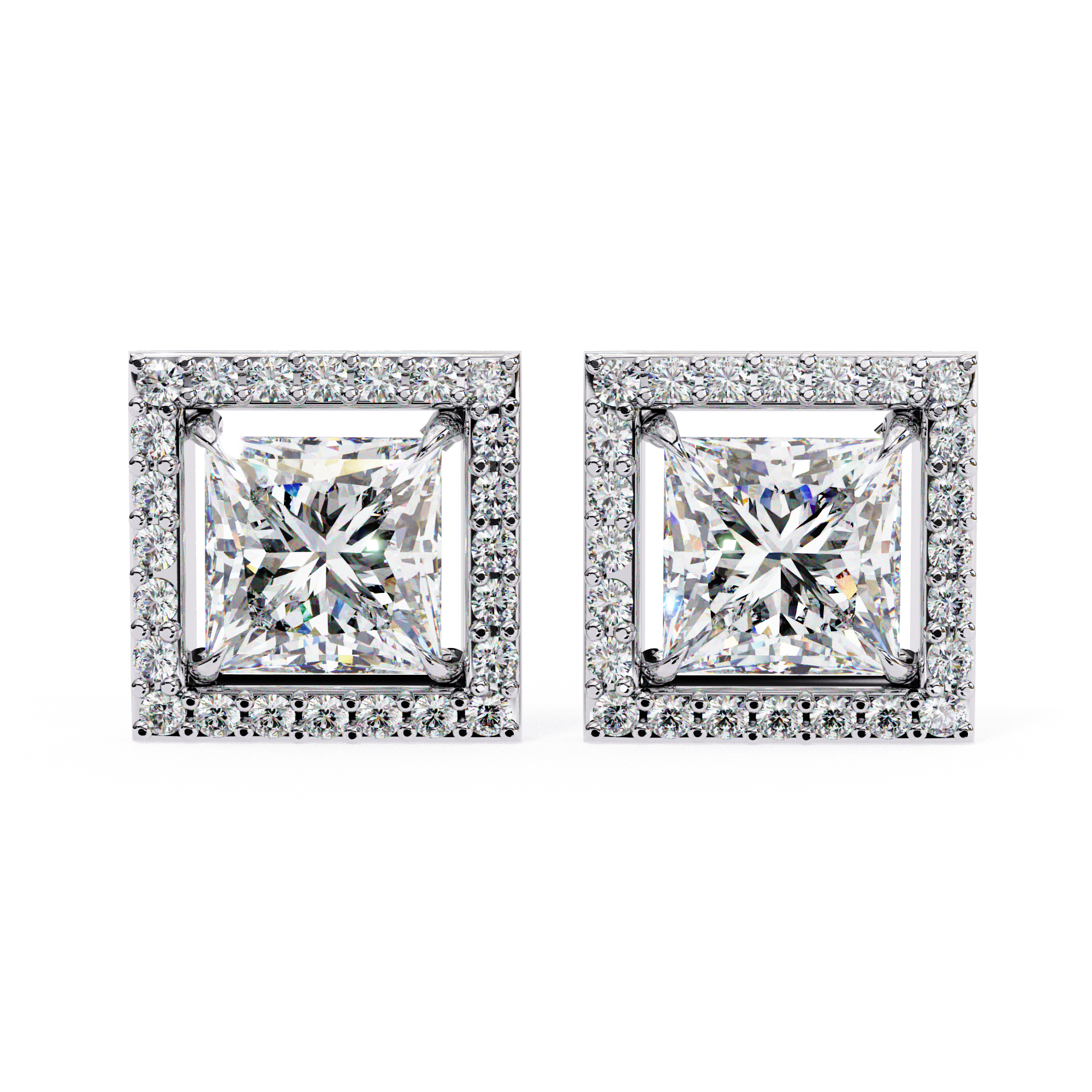 Square Princess-Cut Diamond Halo Stud Earrings in Gold
