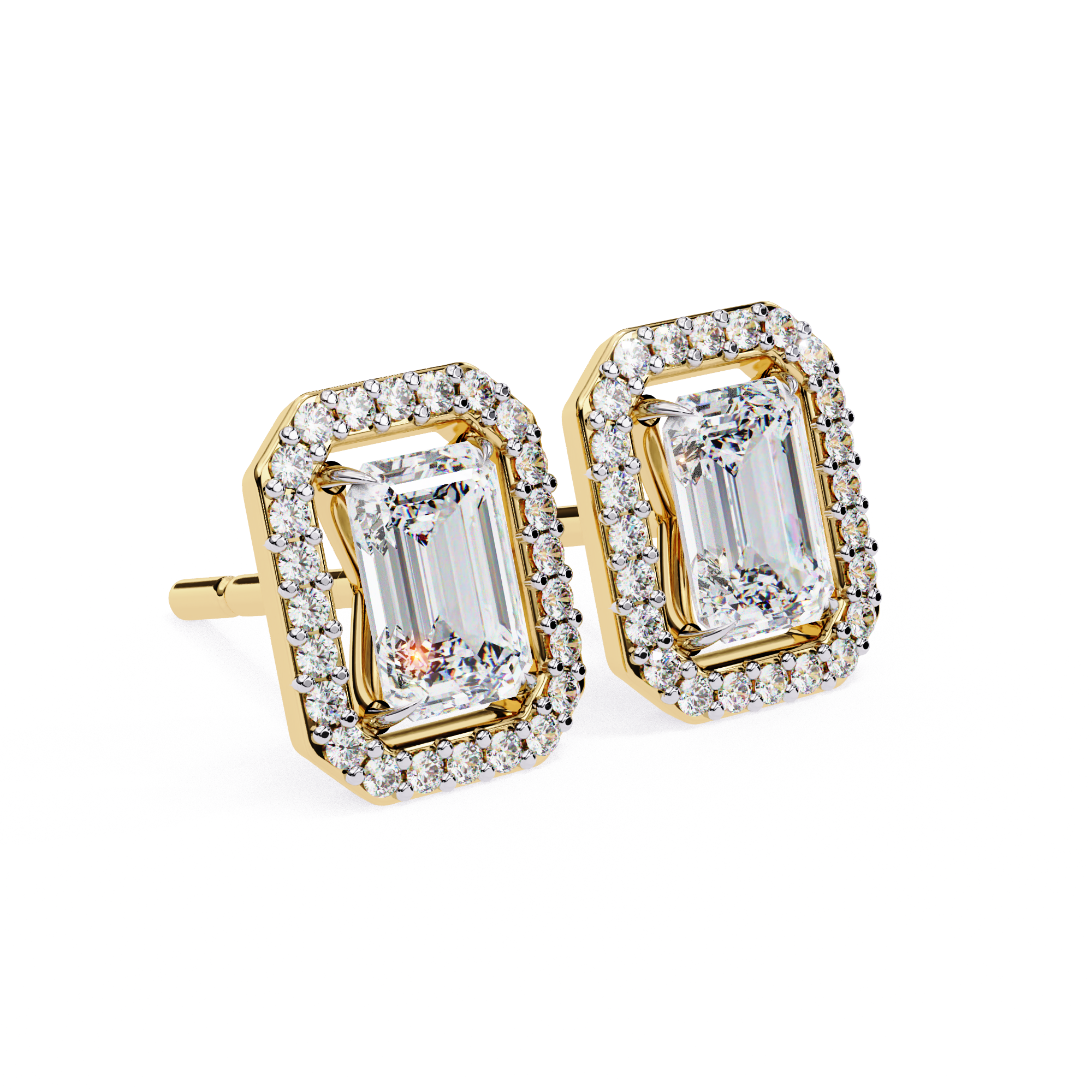 Emerald Cut Halo Diamond Stud Earrings in Gold