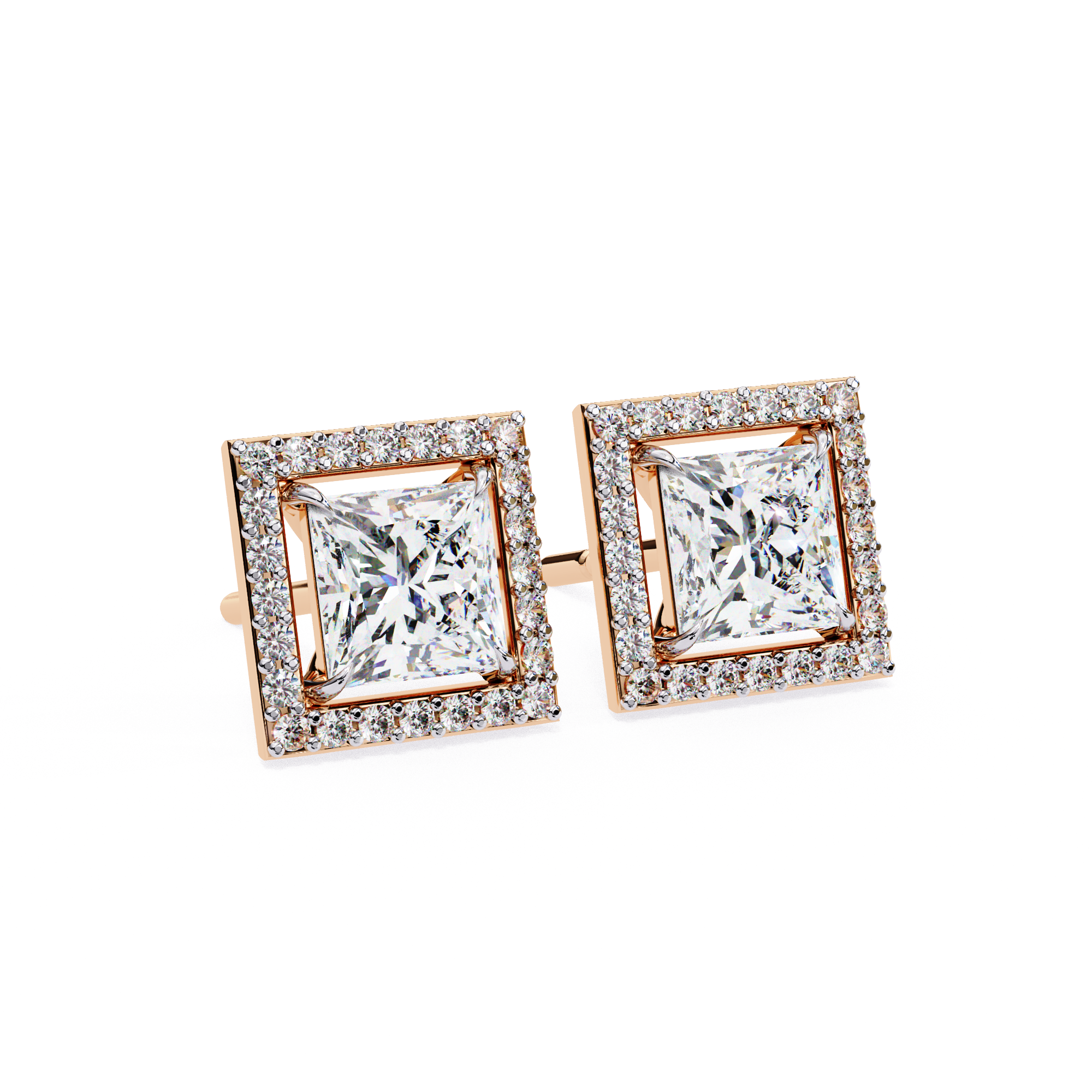 Square Princess-Cut Diamond Halo Stud Earrings in Gold