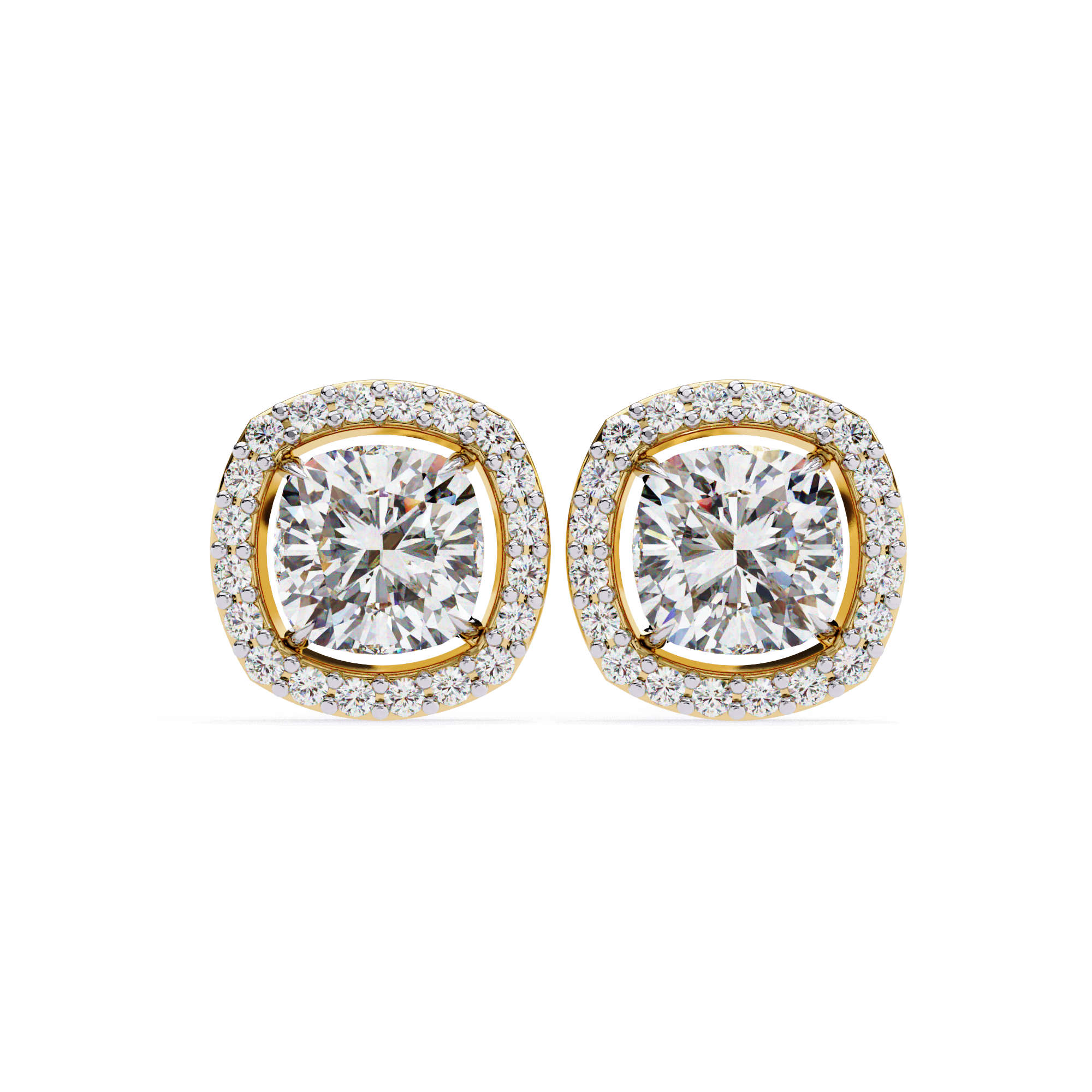 Cushion Cut Floating Halo Diamond Stud Earrings in Gold