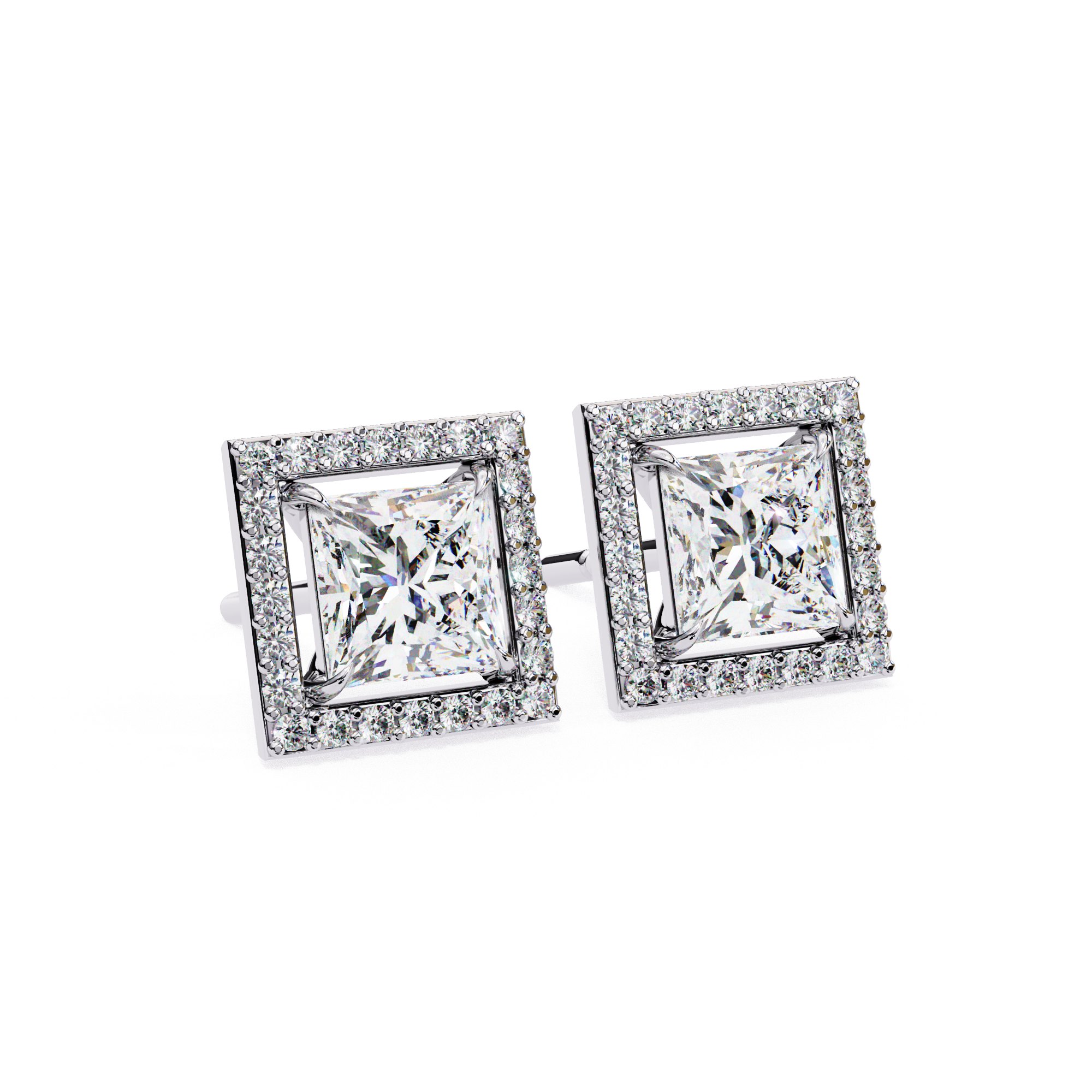 Square Princess-Cut Diamond Halo Stud Earrings in Gold