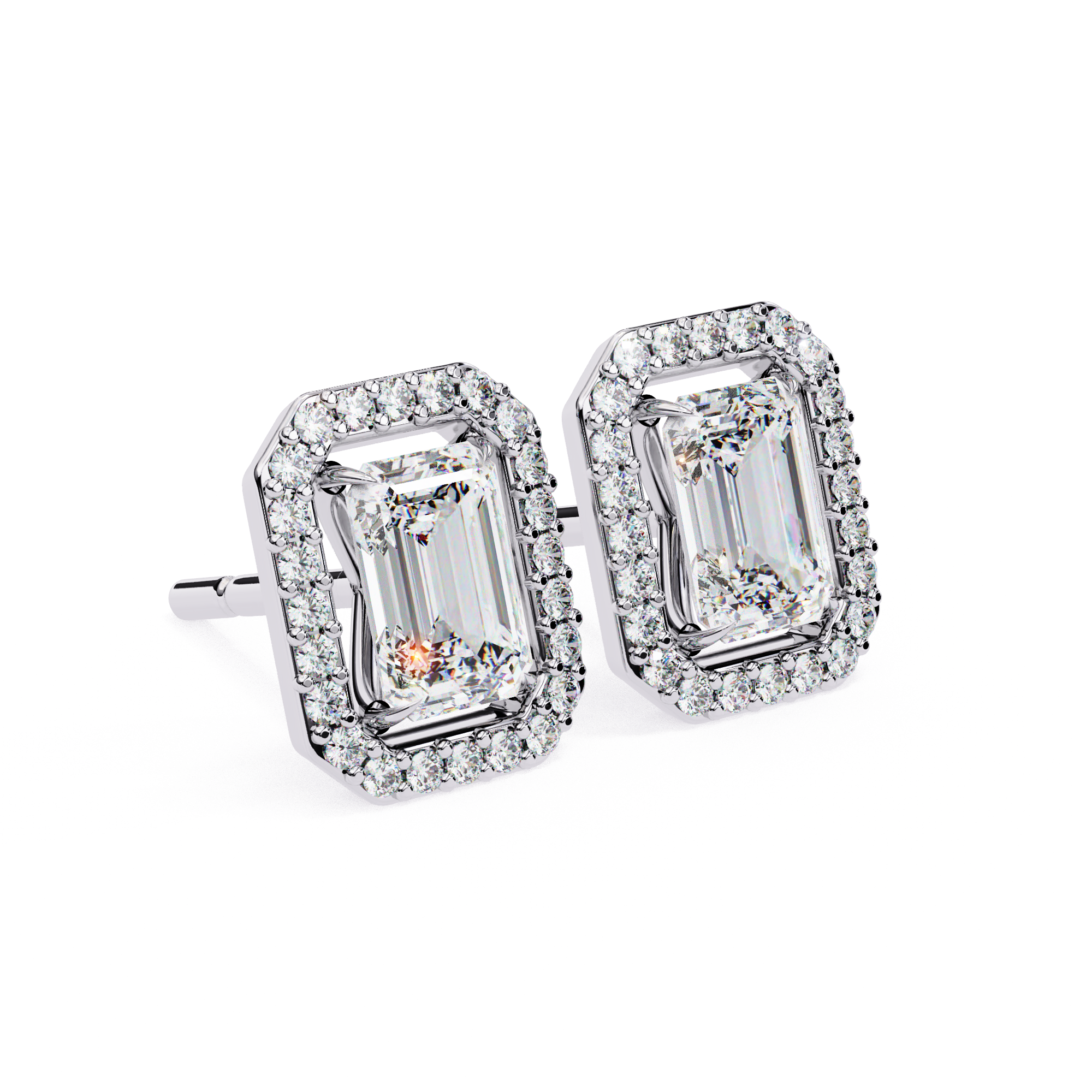 Emerald Cut Halo Diamond Stud Earrings in Gold
