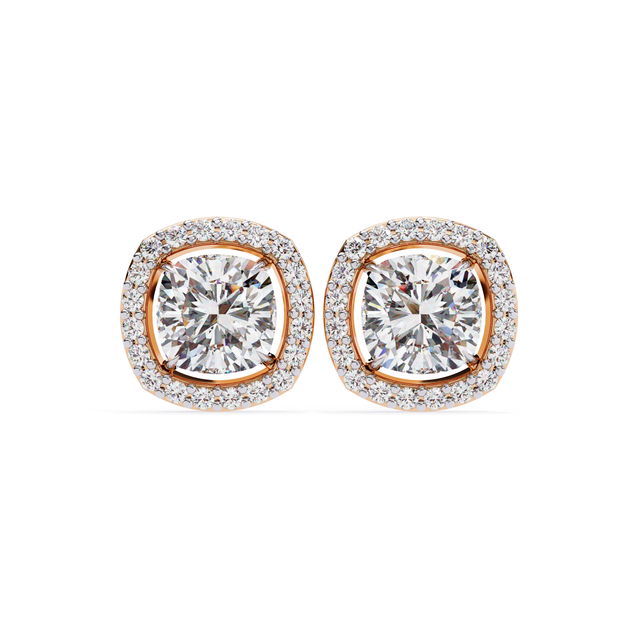 Cushion Cut Floating Halo Diamond Stud Earrings in Gold