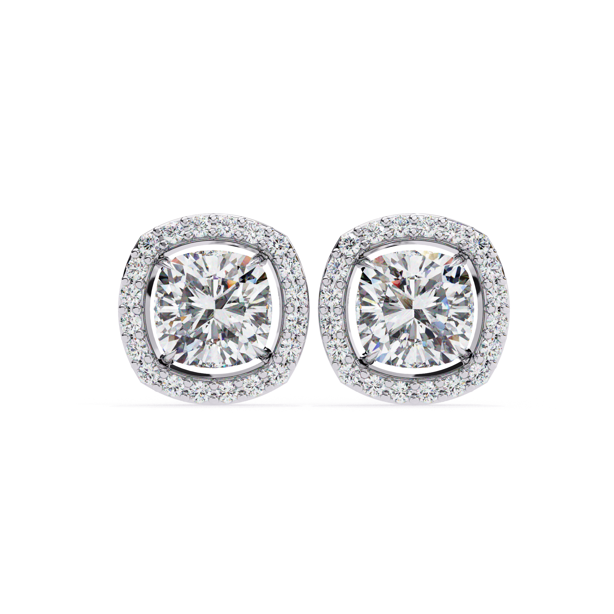 Cushion Cut Floating Halo Diamond Stud Earrings in Gold