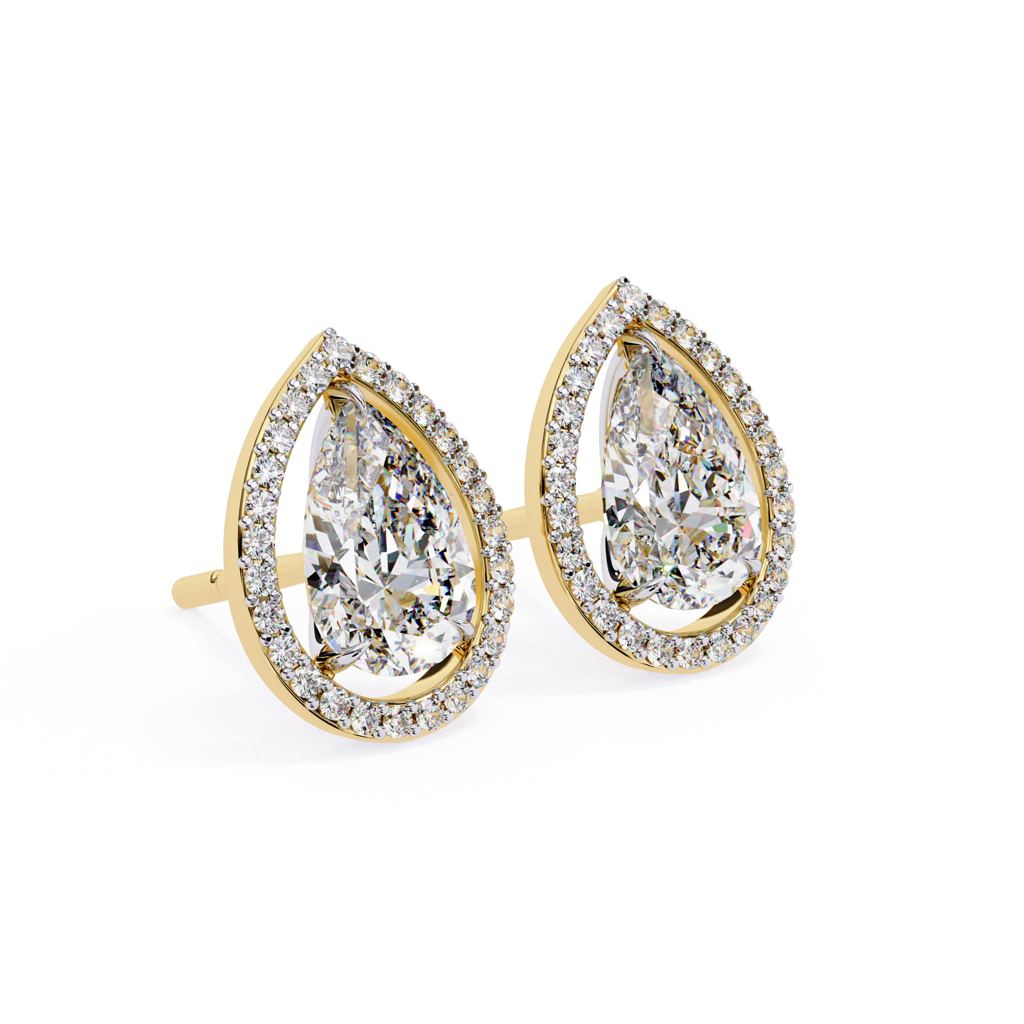 Elegant Pear-Shaped Diamond Halo Stud Earrings in Gold
