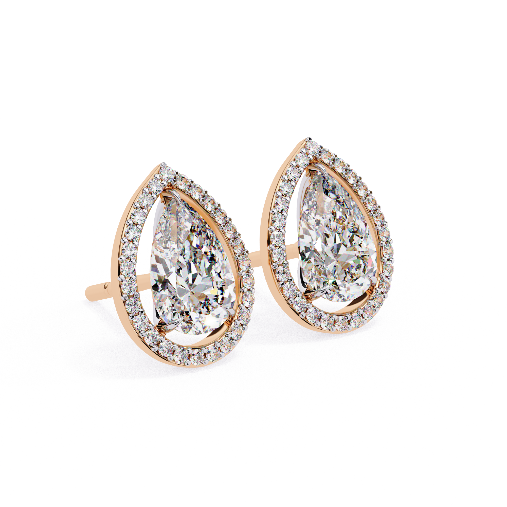 Elegant Pear-Shaped Diamond Halo Stud Earrings in Gold