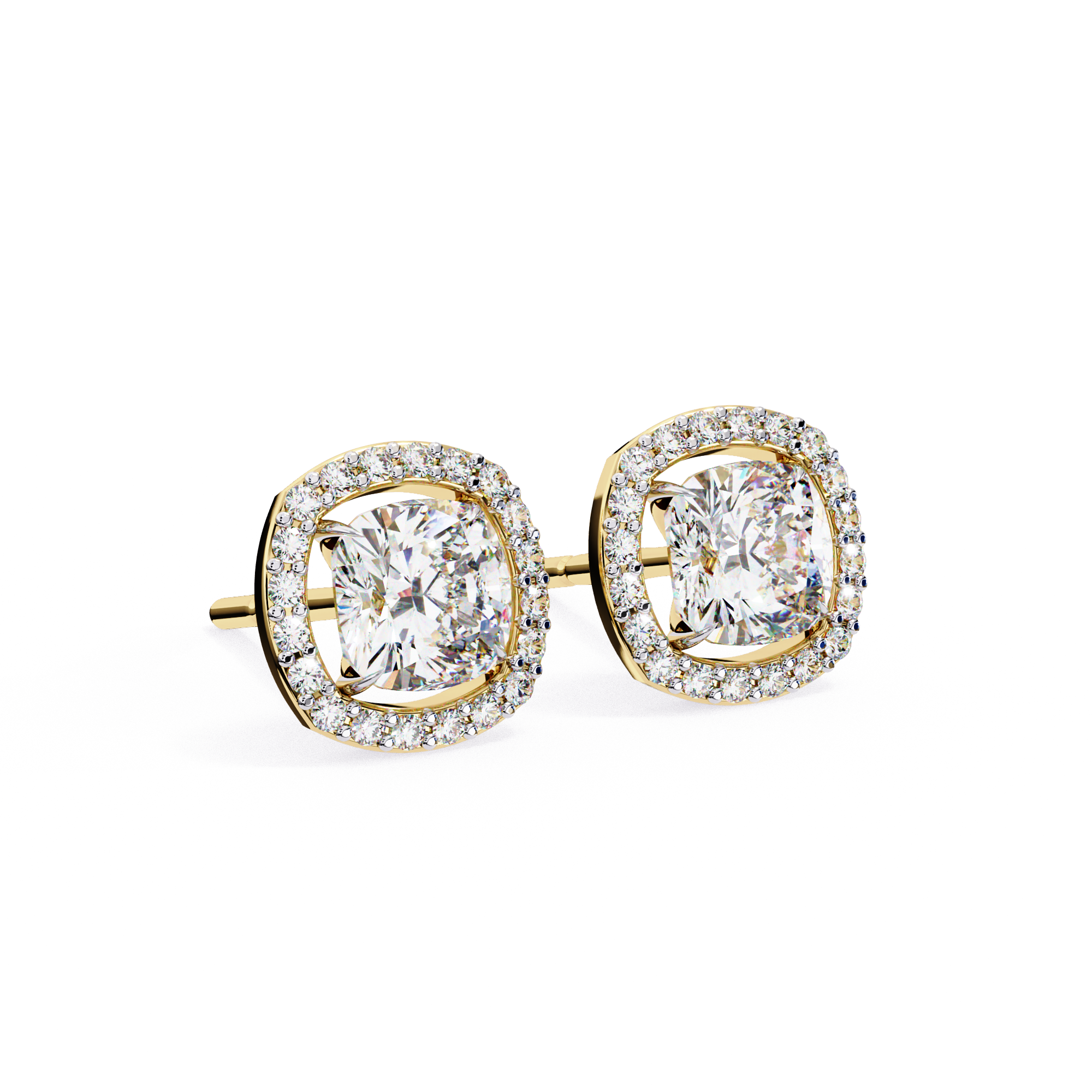Cushion Cut Floating Halo Diamond Stud Earrings in Gold