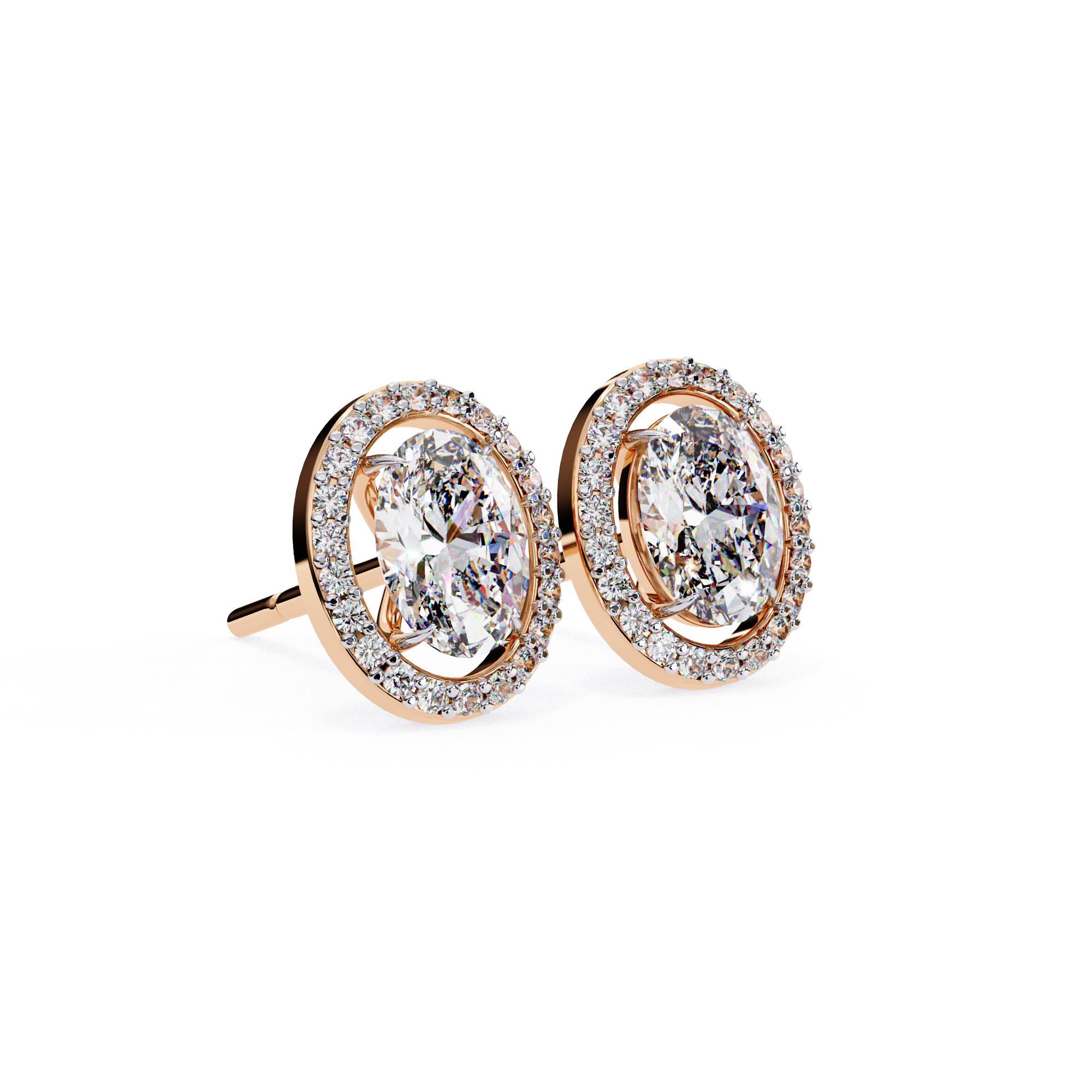 Oval Cut Floating Halo Diamond Stud Earrings in Gold