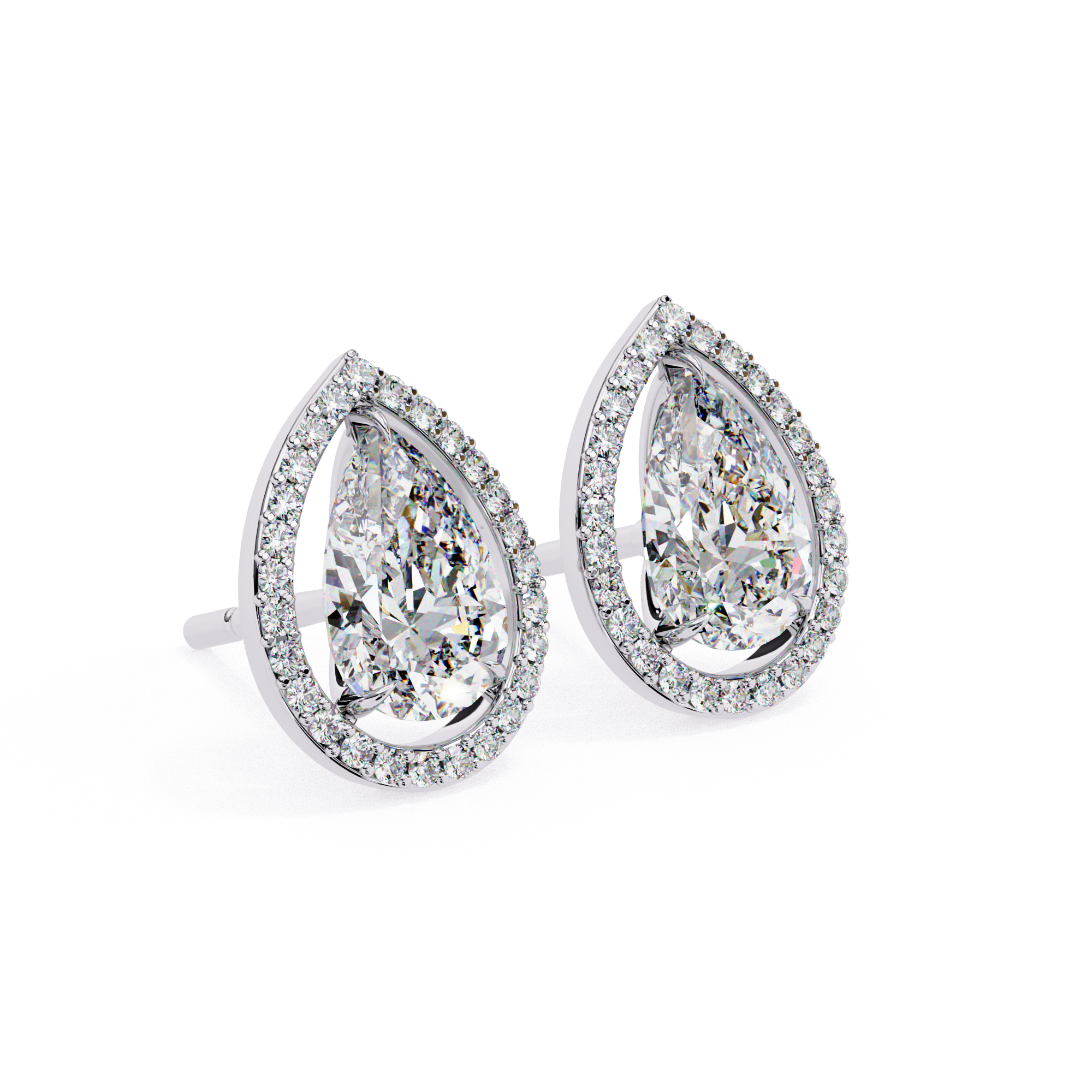 Elegant Pear-Shaped Diamond Halo Stud Earrings in Gold