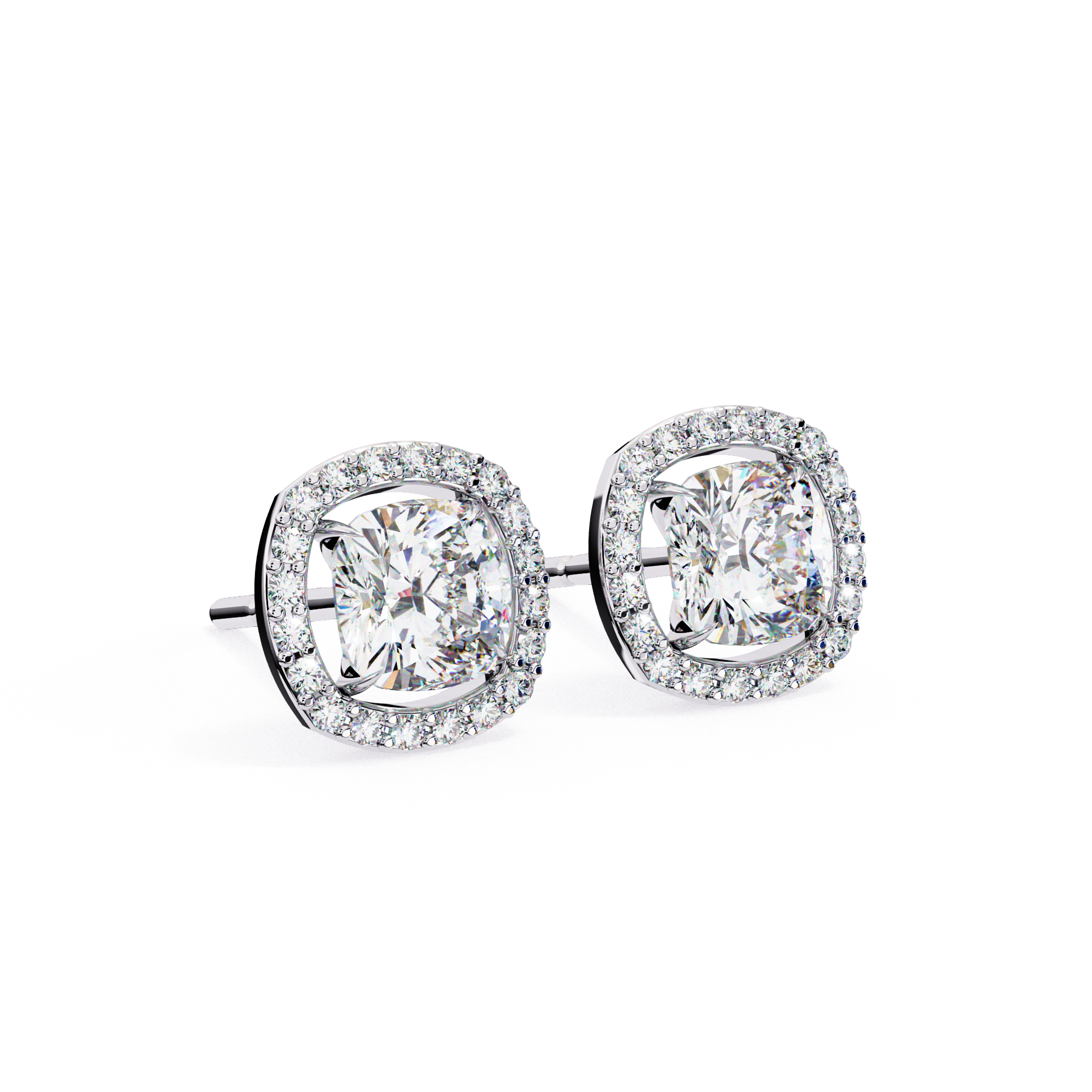 Cushion Cut Floating Halo Diamond Stud Earrings in Gold
