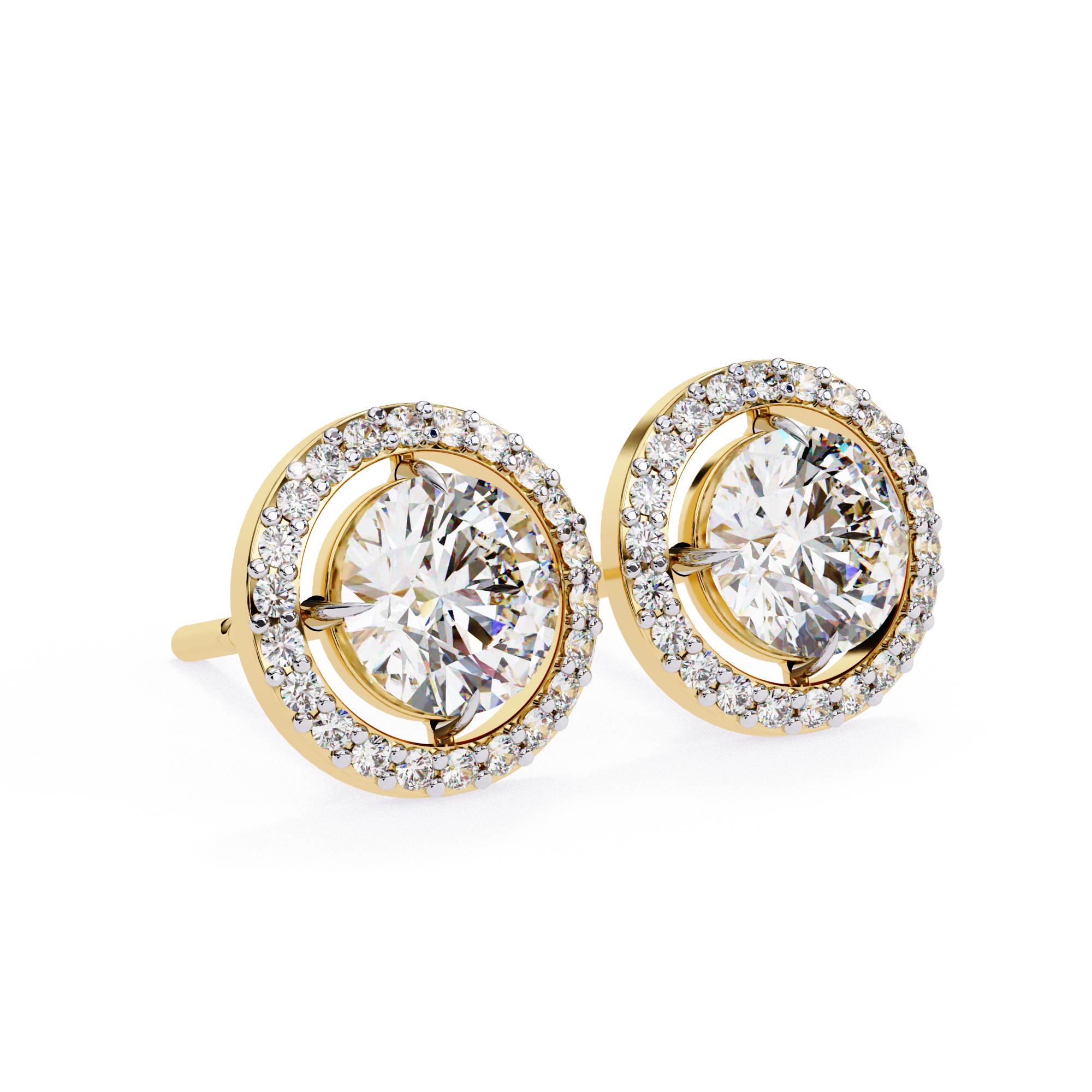 Round Halo Floating Diamond Stud Earrings in Gold