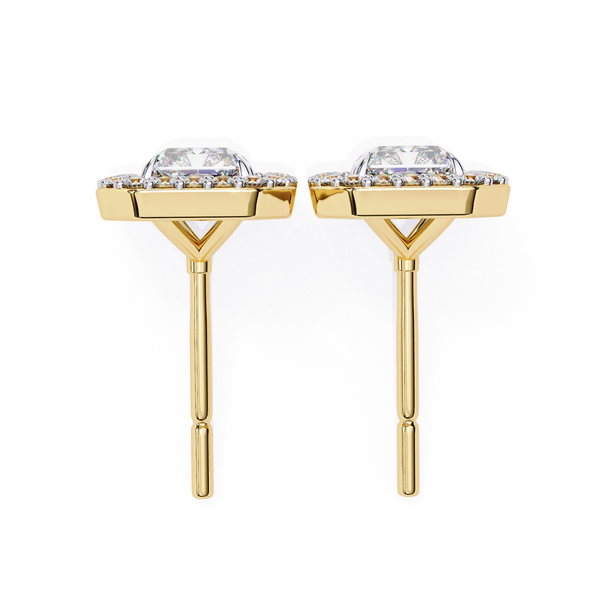 Radiant Cut Halo Diamond Stud Earrings in Gold