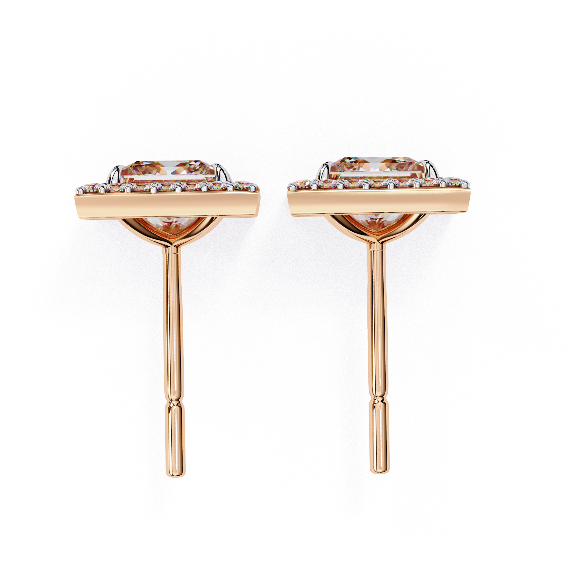 Square Princess-Cut Diamond Halo Stud Earrings in Gold