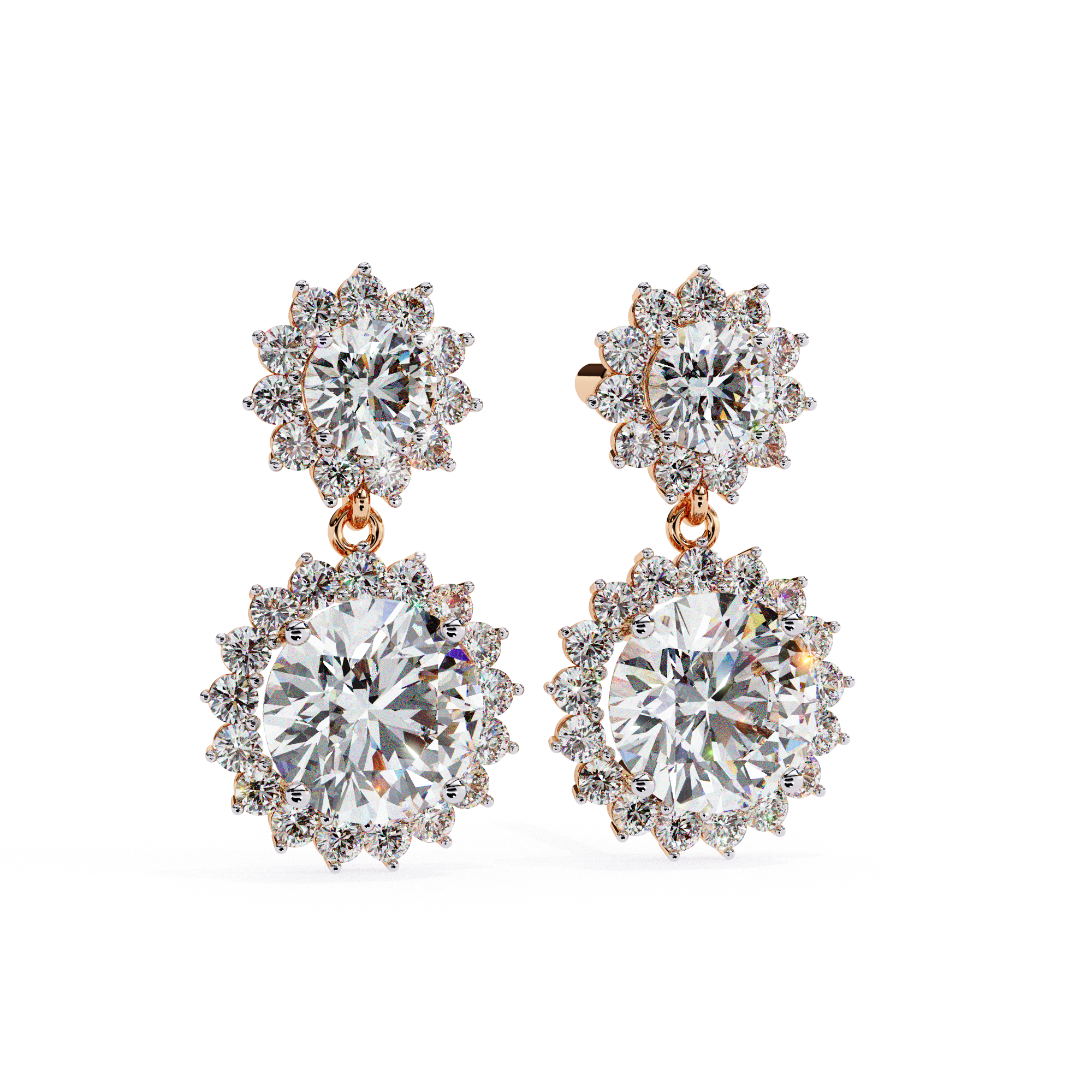 Sunburst Double Halo Diamond Drop Earrings
