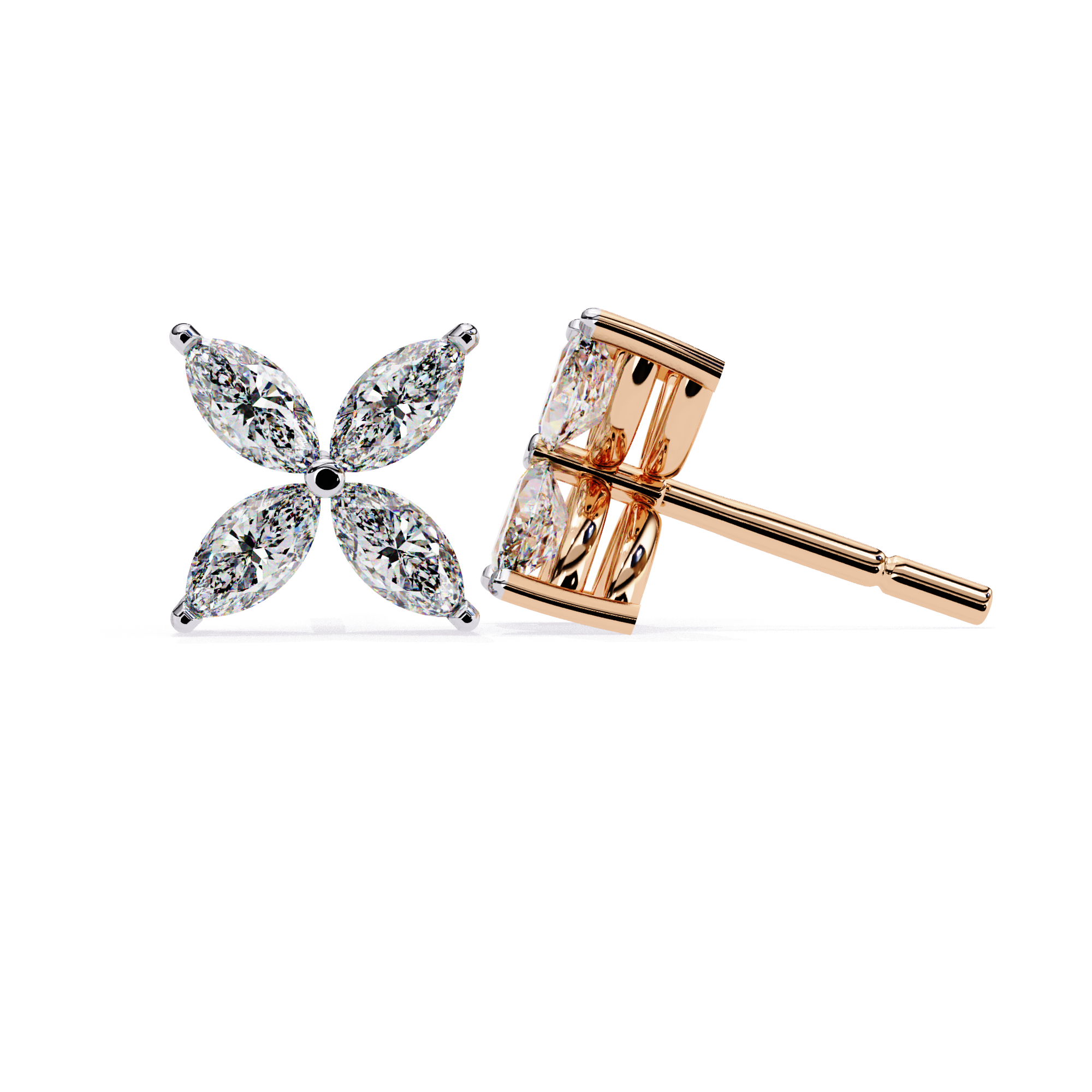Exquisite Gold Marquise-Cut Diamond Floral Stud Earrings