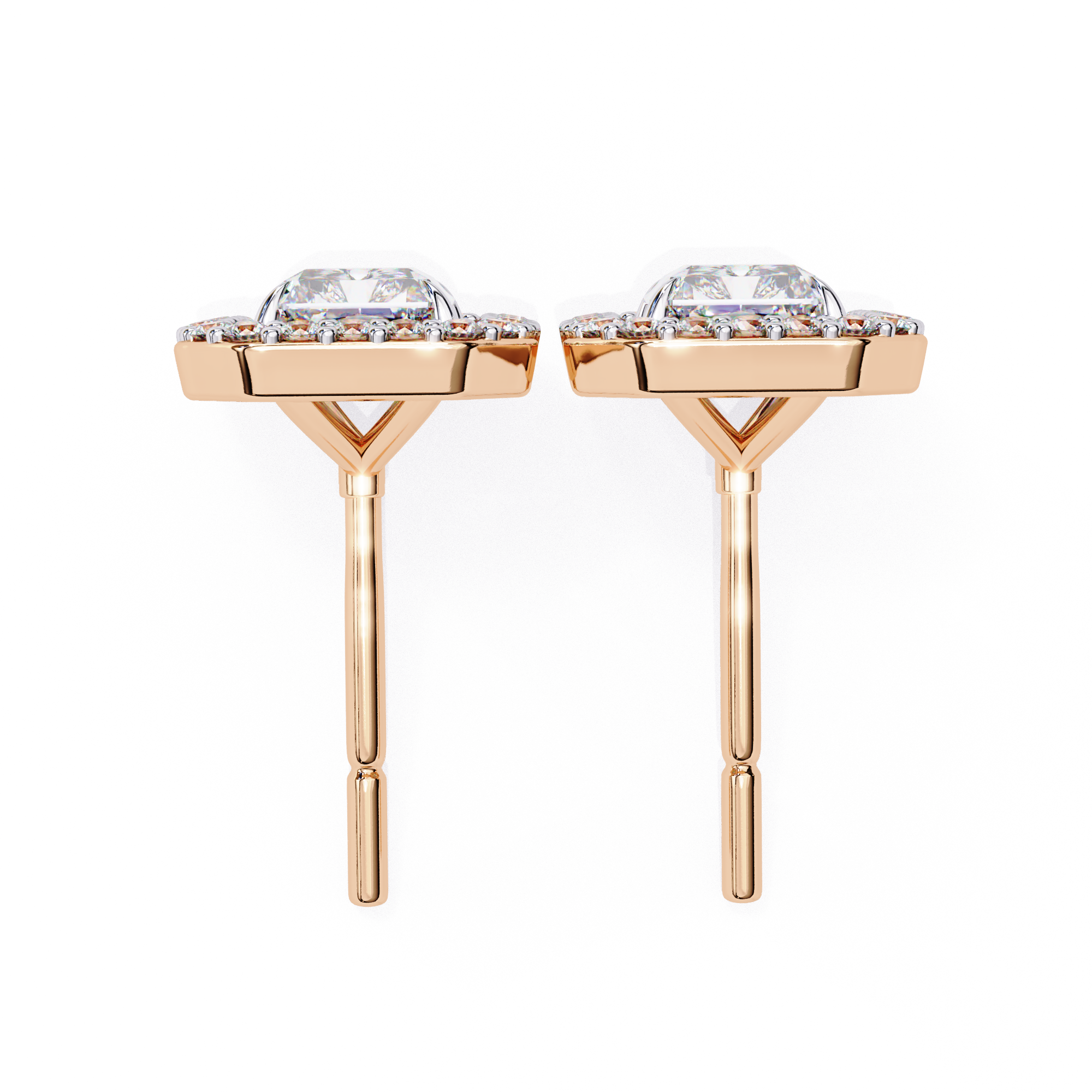 Radiant Cut Halo Diamond Stud Earrings in Gold