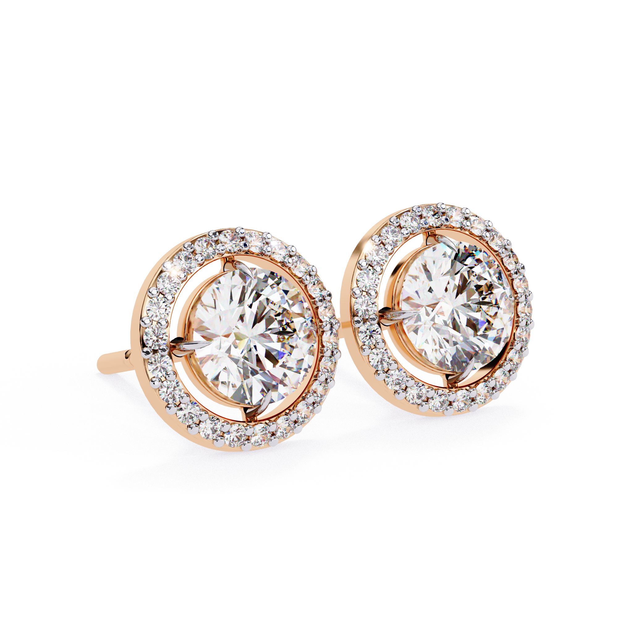 Round Halo Floating Diamond Stud Earrings in Gold