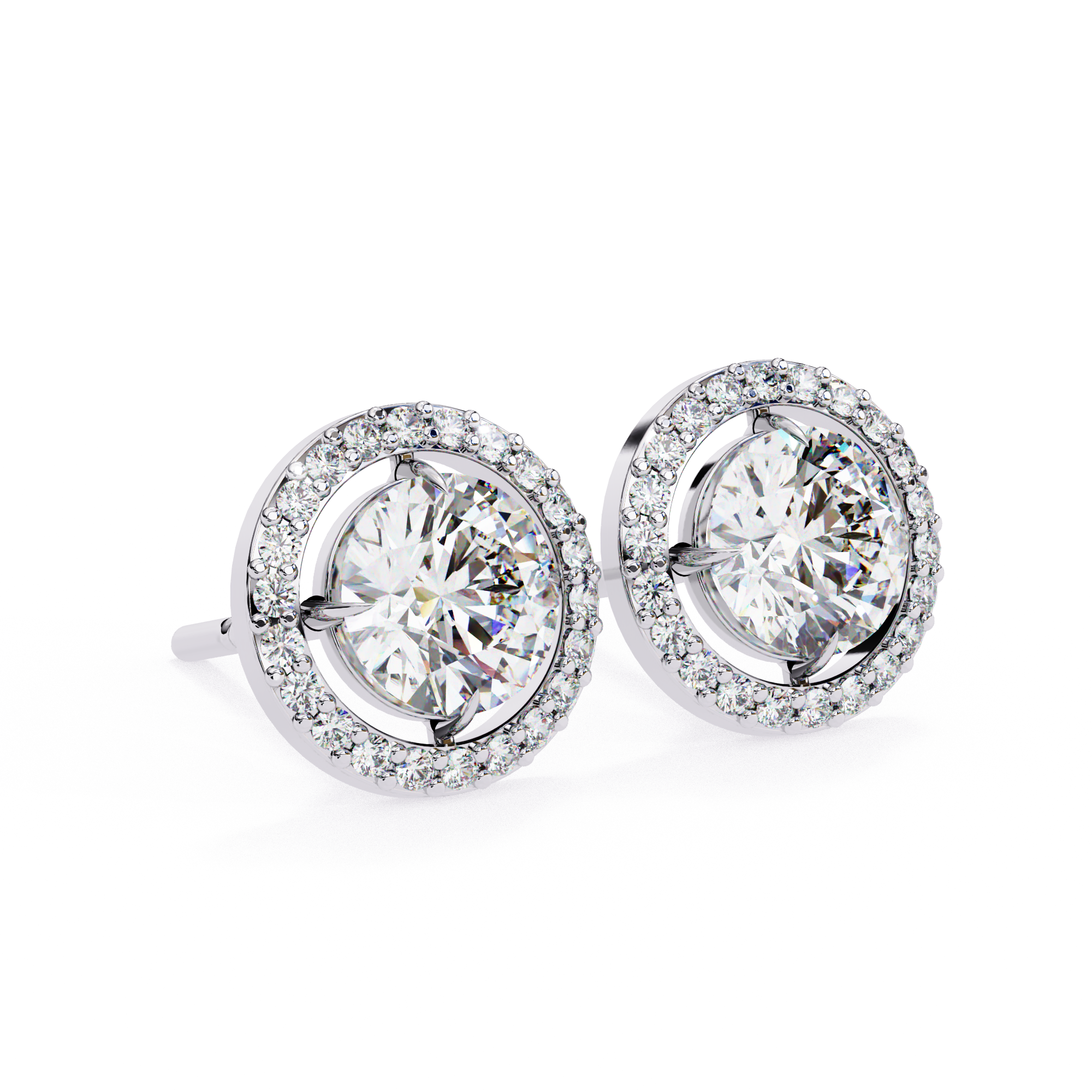 Round Halo Floating Diamond Stud Earrings in Gold