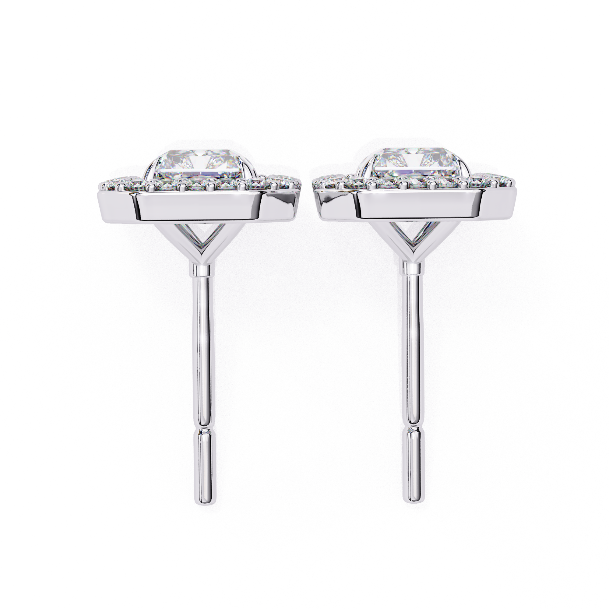 Radiant Cut Halo Diamond Stud Earrings in Gold